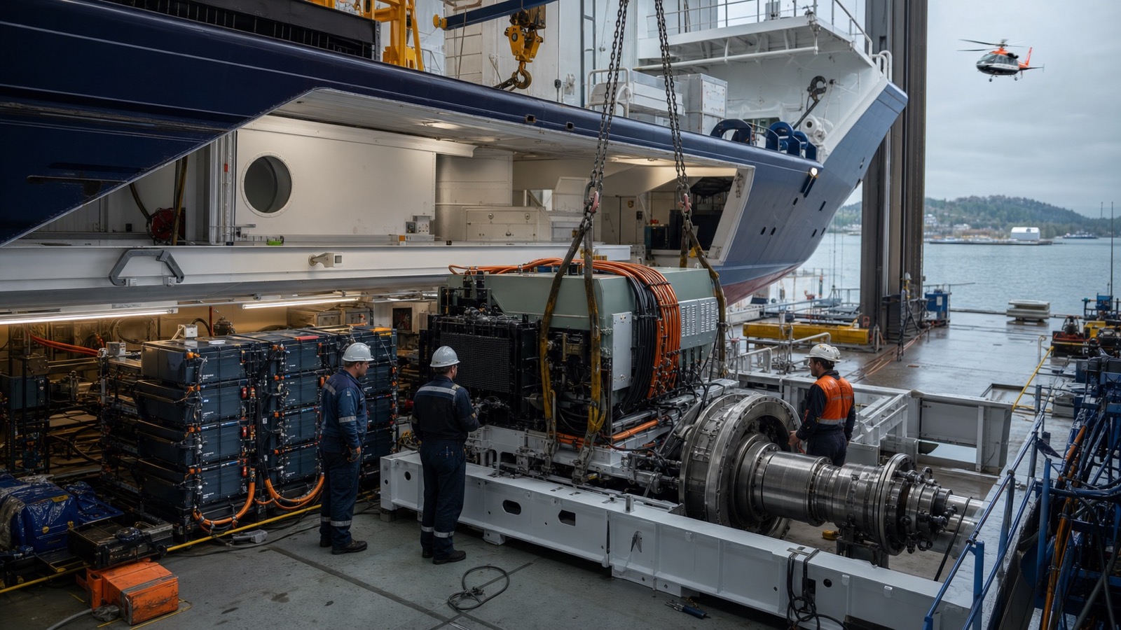 Engineers integrate a hybrid propulsion and battery system into a commercial vessel.