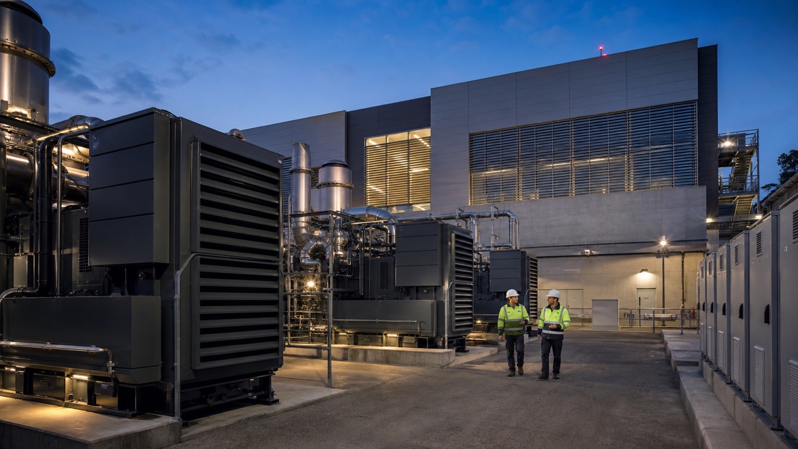 Engineers walk through a hybrid backup-power installation beside a modern data centre.