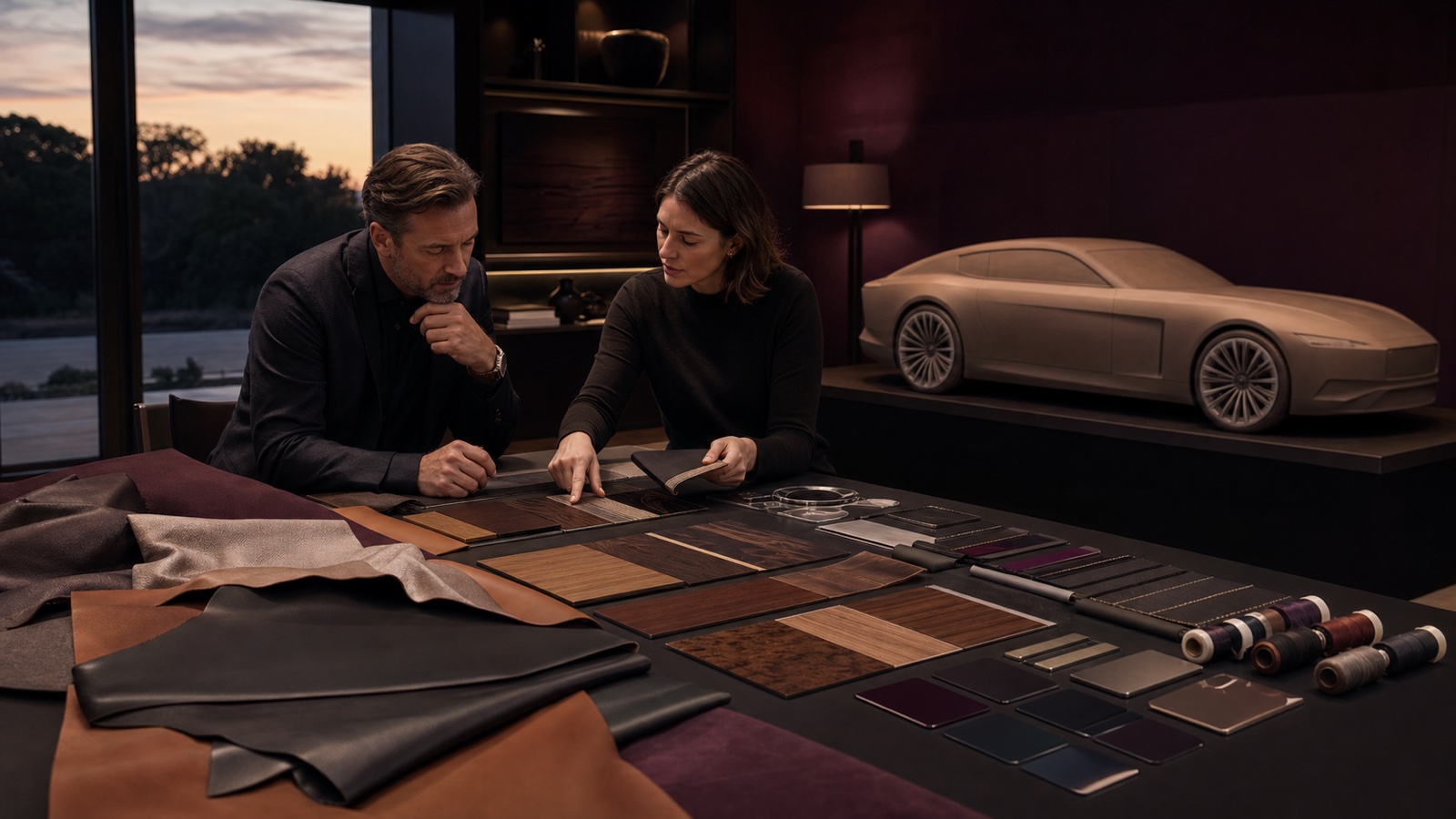 A client and designer selecting leather, veneer, metal, paint, and embroidery in a private commissioning salon.