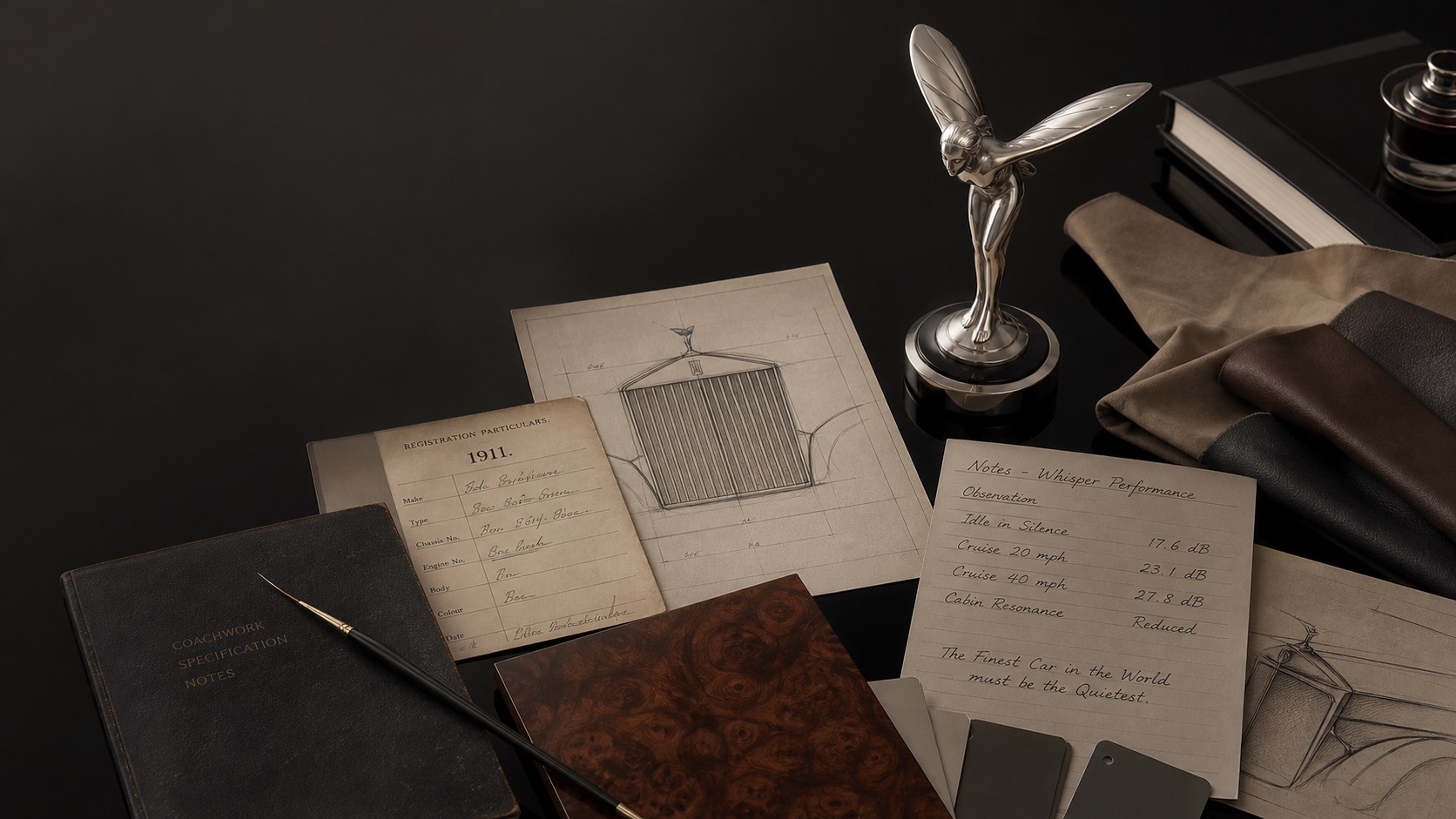 Premium editorial archive still-life of a Rolls-Royce silent-luxury case with silver flying-figure mascot study, upright grille sketch, 1911 card, whisper notes, leather and veneer samples, coachline brush, and black lacquer reflections