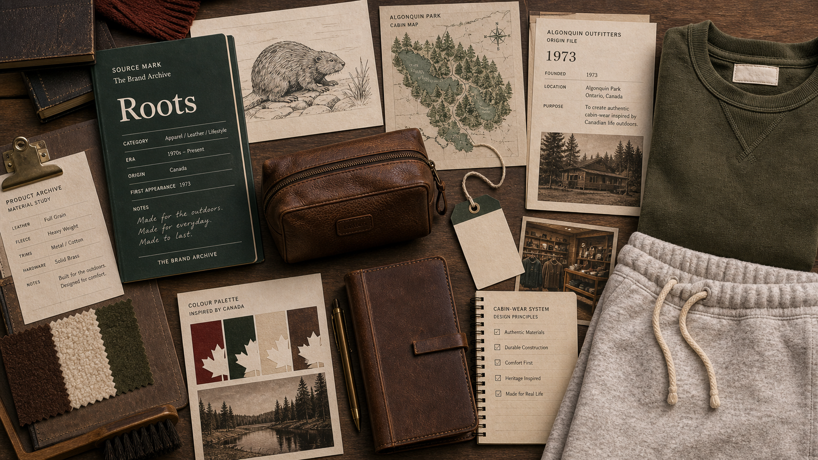 Premium editorial archive still-life of a Roots cabin-wear case with source-mark card, leather goods, fleece sweatpant fabric, Algonquin 1973 origin file, cabin map, abstract beaver sketch, maple color swatches, and blank retail hangtag