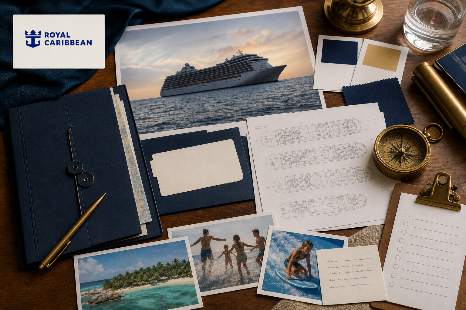 Premium editorial archive still-life of a Royal Caribbean cruise experience case with Royal Caribbean source-mark card, generic ship photo, itinerary folder, boarding card, deck plan, destination card, family activity cards, compass, and blue and gold swatches