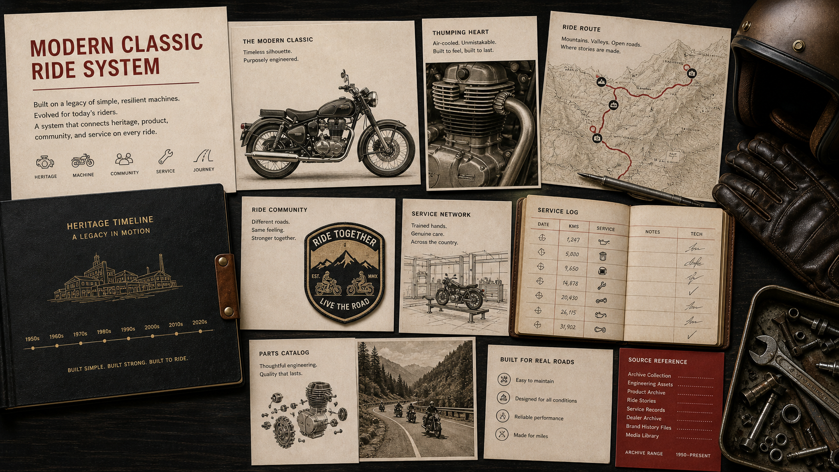 Premium editorial archive still-life of a Royal Enfield modern-classic ride case with generic classic motorcycle card, engine fin detail card, mountain ride route map, community ride patch, service logbook, heritage timeline folder, helmet and glove still-life, and parts catalog card