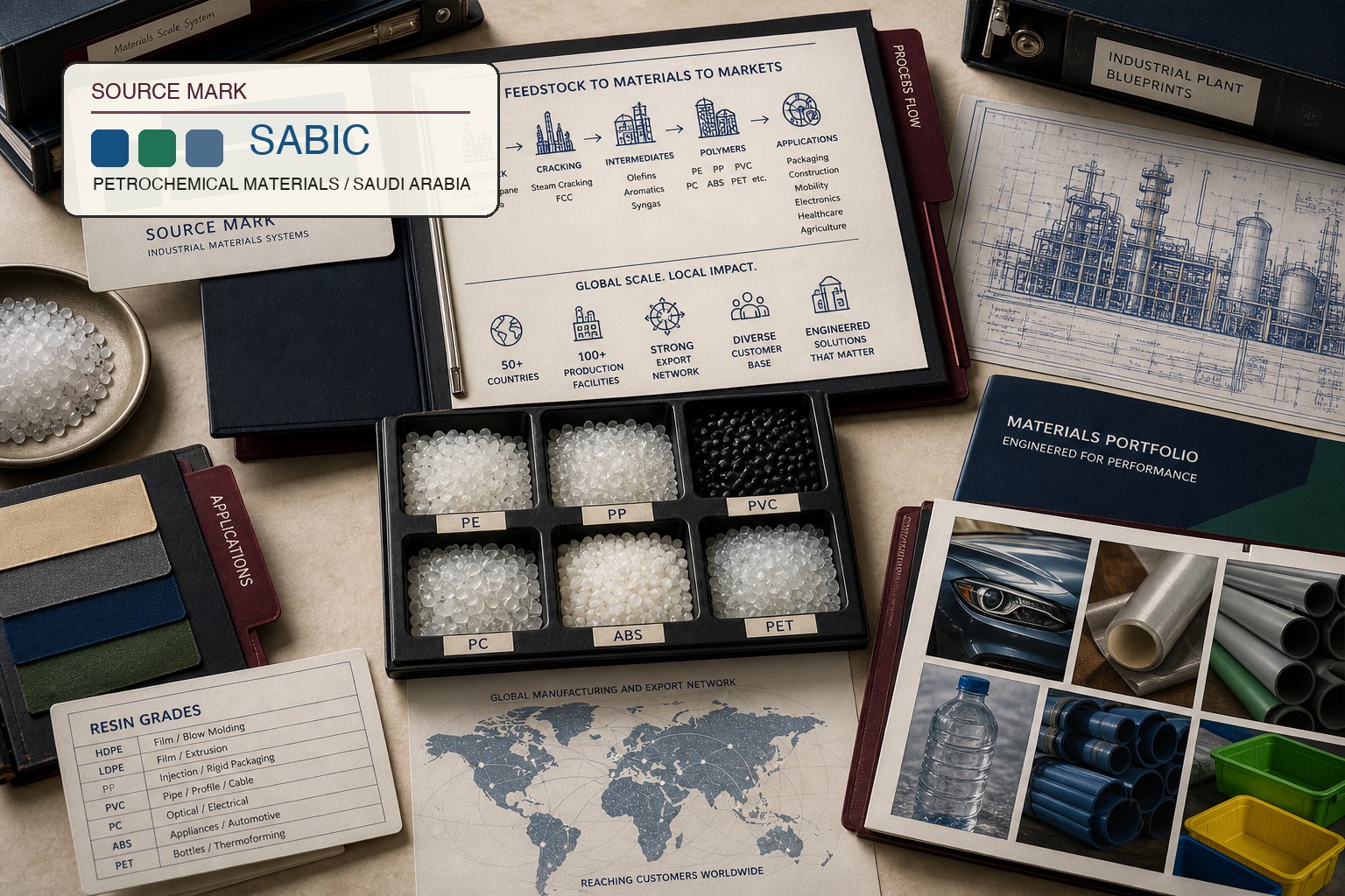 Premium editorial archive still-life of a SABIC materials scale case with source-mark card, polymer pellet trays, feedstock-to-materials process map, resin grade cards, plant blueprint, global manufacturing ledger, and application swatches