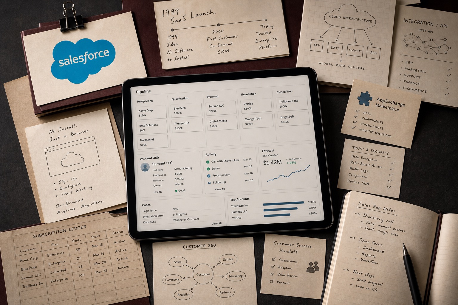 Premium editorial archive still-life of a Salesforce cloud CRM platform case with a Salesforce source-mark card, central abstract CRM dashboard, sales pipeline cards, account record tiles, forecast chart, subscription ledger, browser access memo, customer 360 map, integration diagram, AppExchange card, trust checklist, and customer success notes