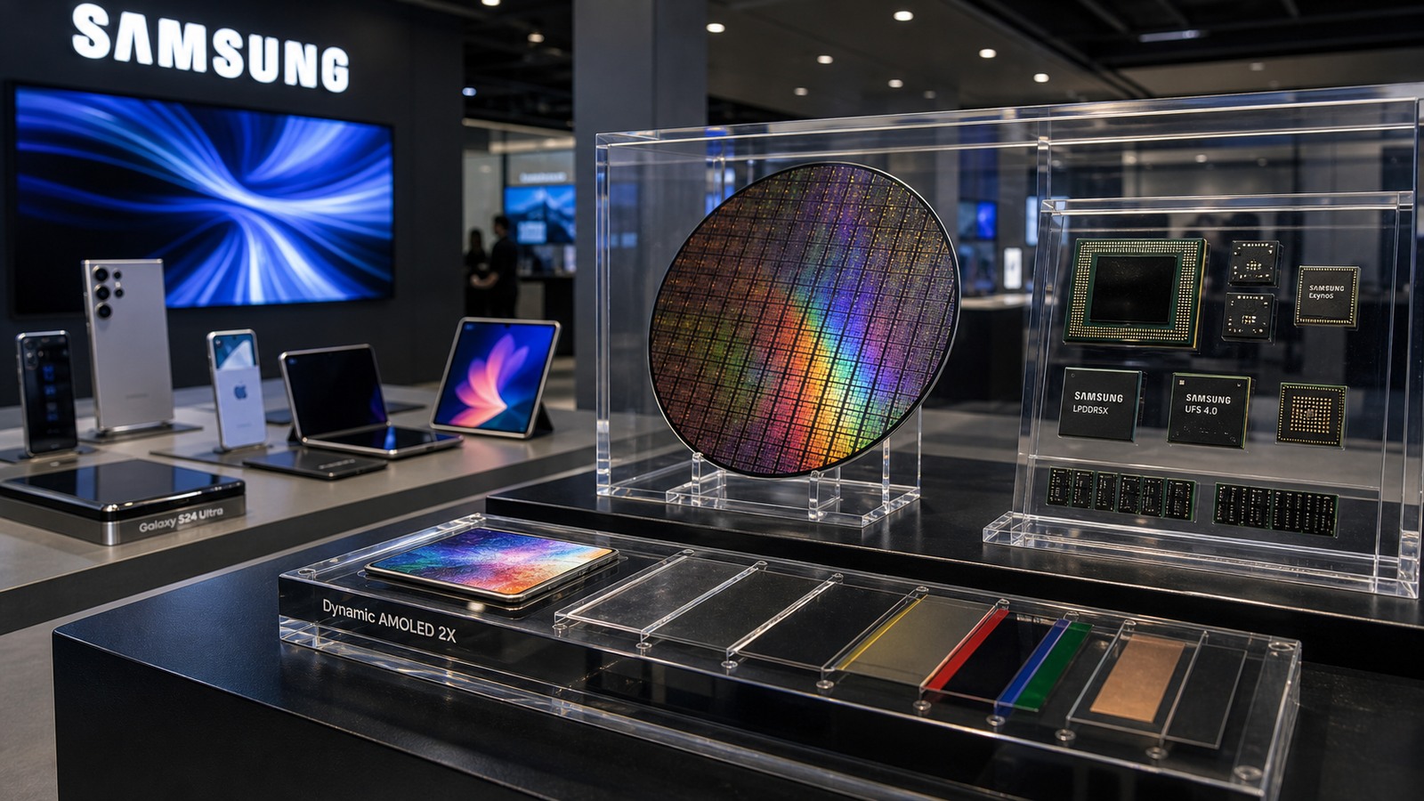 Samsung chip and display proof visual with wafer, memory components, display layers, Galaxy devices, and showroom signage.