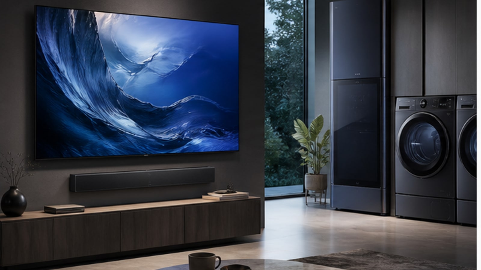 Photorealistic premium television and connected home appliances in a lived-in room without visible logos or interface text.