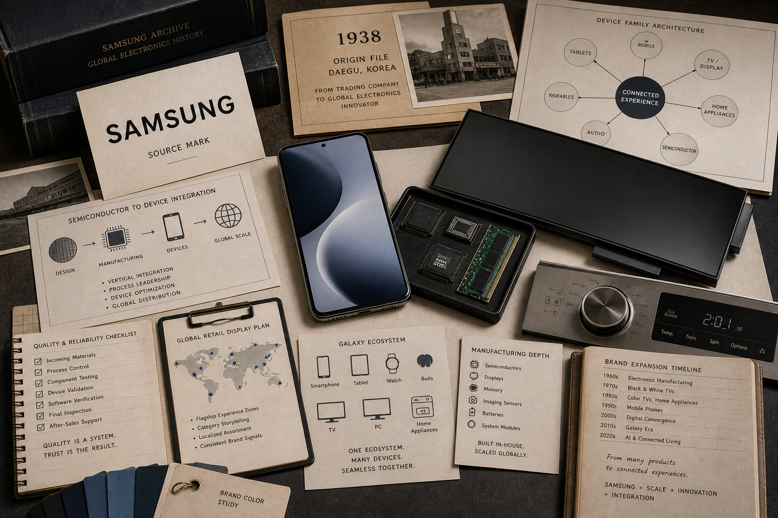 Premium editorial archive still-life of a Samsung device family case with source-mark card, smartphone slab, TV panel sample, memory chip tray, appliance control dial, 1938 Korea origin file, device-family architecture map, and quality checklist