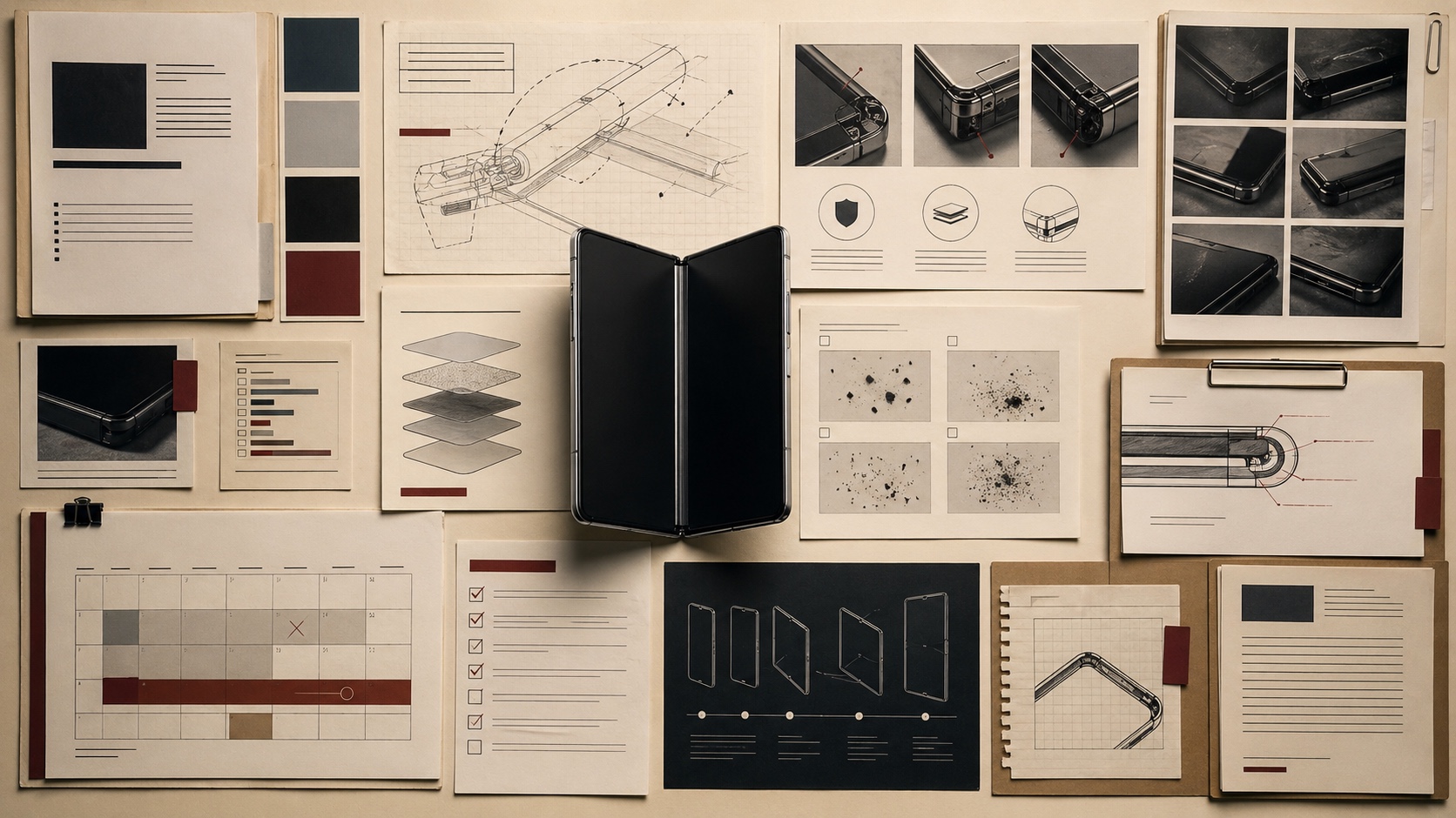 Generated archive desk showing a generic folding phone prototype, hinge diagrams, dust test sheets, display layers, launch calendar, and quality-control notes