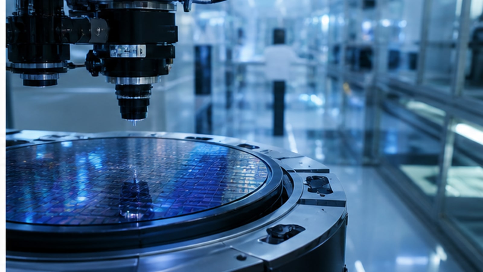 Photorealistic semiconductor fabrication line with wafer inspection equipment and no visible brand marks.
