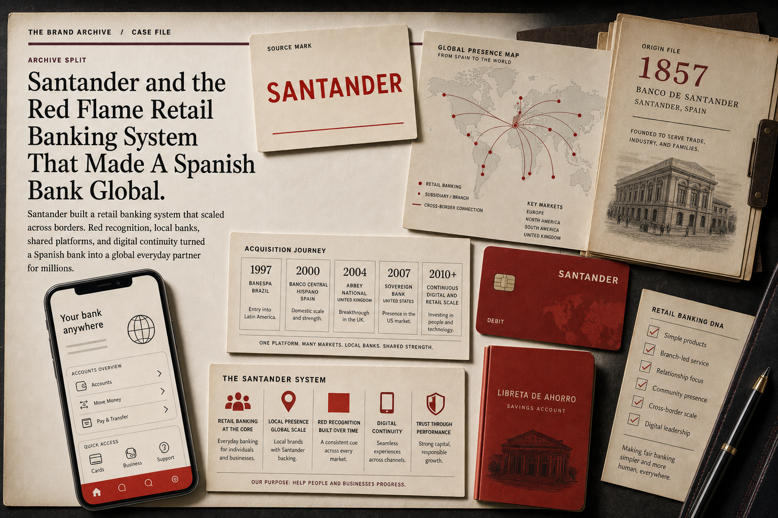 Premium editorial archive still-life of a Santander red retail banking case with source-mark card, global branch map from Spain, blank bank card, passbook, acquisition timeline cards, mobile banking screen mockup, and 1857 origin file
