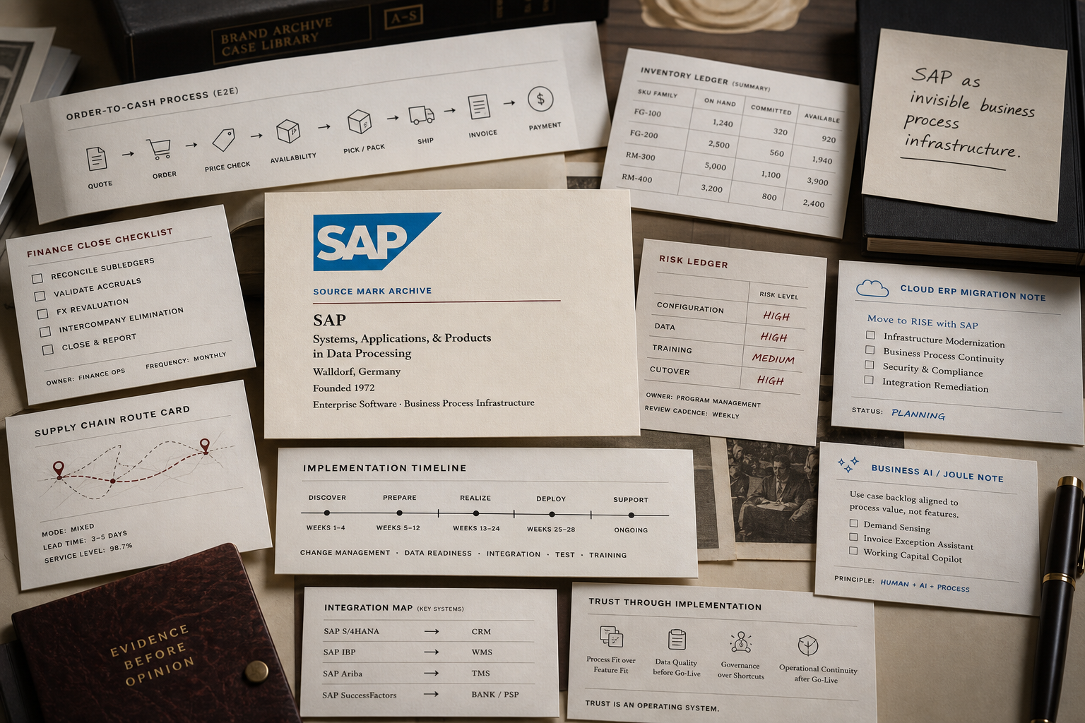 Premium editorial archive still-life of an SAP trust system case with SAP source-mark card, order-to-cash process strip, inventory ledger, finance close checklist, supply-chain route card, implementation timeline, cloud ERP migration note, Business AI note, and cutover risk ledger