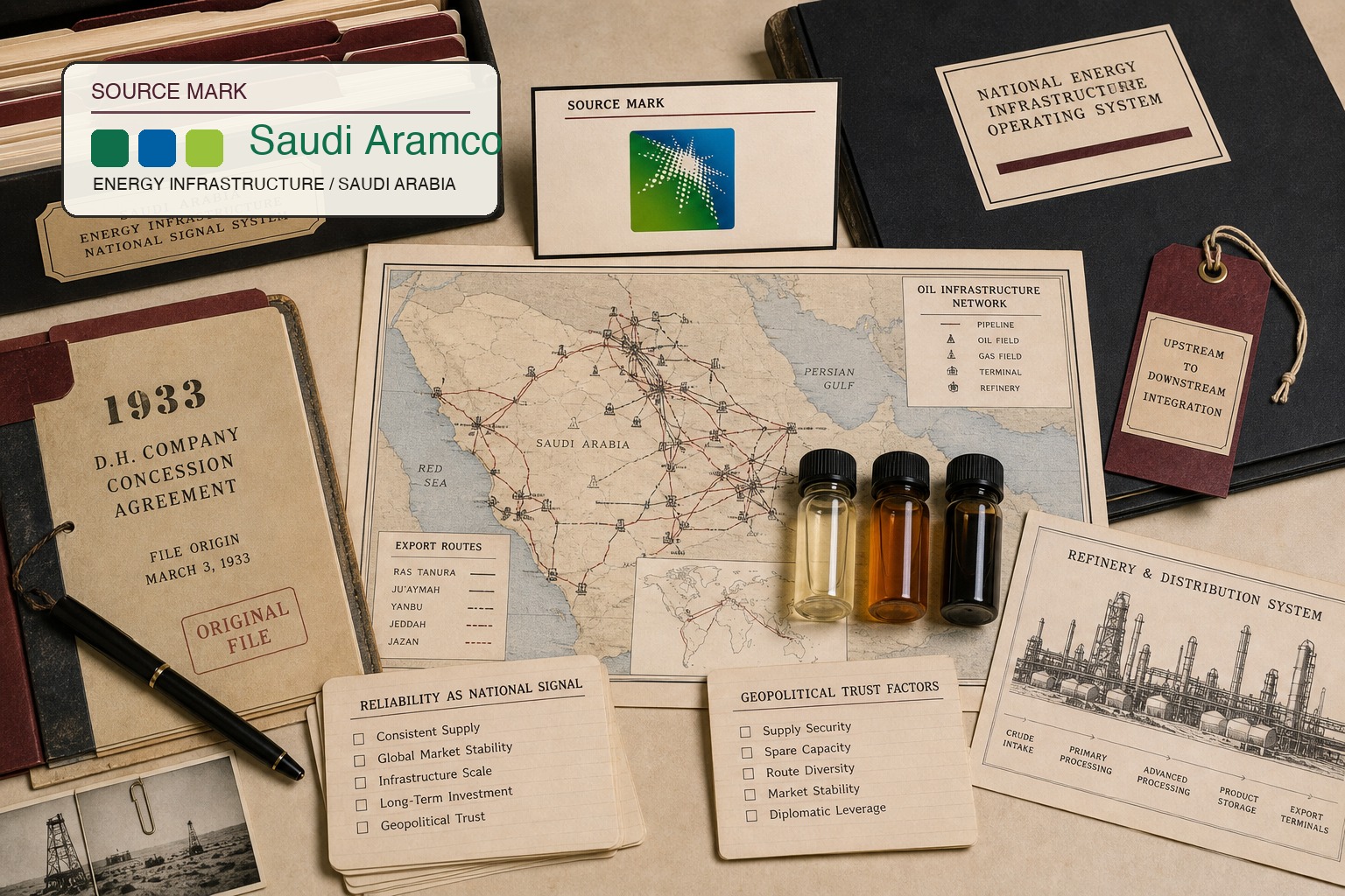 Premium editorial archive still-life of a Saudi Aramco energy scale case with source-mark card, Saudi Arabia oil infrastructure map, refinery route diagram, sample vials, 1933 origin file, export route ledger, reliability checklist, and upstream-to-downstream integration tag