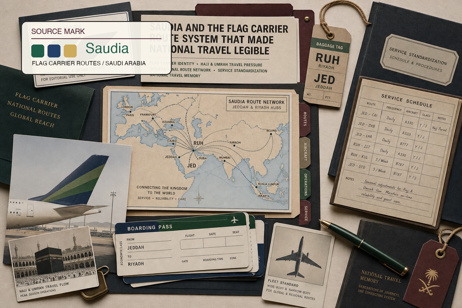 Premium editorial archive still-life of a Saudia flag carrier route case with source-mark card, Jeddah and Riyadh route map, boarding passes, baggage tag, aircraft tail study, Hajj and Umrah travel flow card, service schedule, and fleet standard note