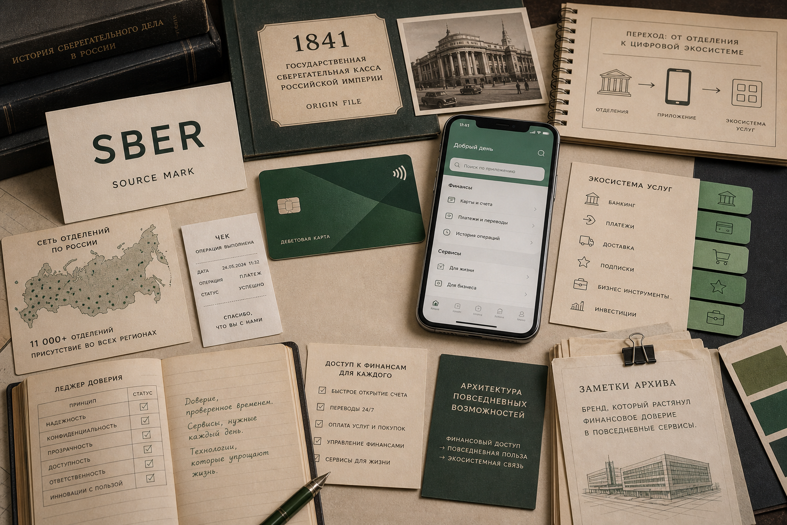 Premium editorial archive still-life of a Sber green financial ecosystem case with source-mark card, green bank card, blank mobile banking screen, receipt dummy, 1841 origin file, branch map, ecosystem tabs, and trust ledger