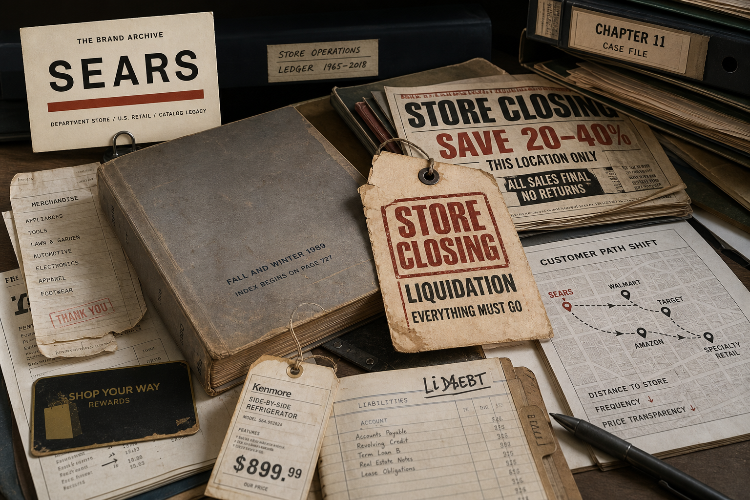 Premium editorial archive still-life of a Sears failed-brand case with catalog, appliance tag, store-closing notice, Chapter 11 folder, debt ledger, receipt, and customer path map