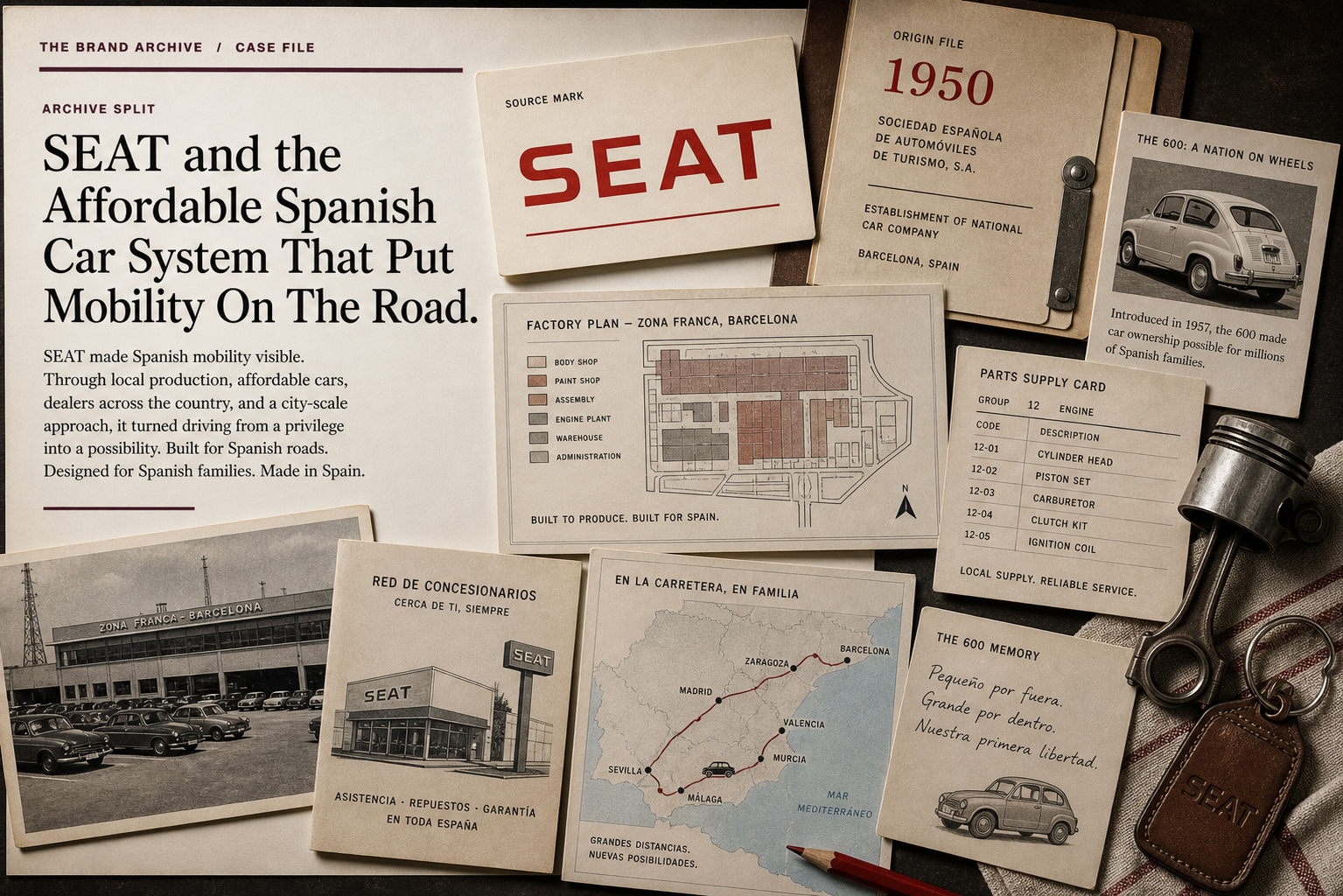 Premium editorial archive still-life of a SEAT affordable Spanish car case with source-mark card, small car silhouette, Barcelona factory plan, dealership brochure, parts card, family road map, 1950 origin file, and SEAT 600 memory note
