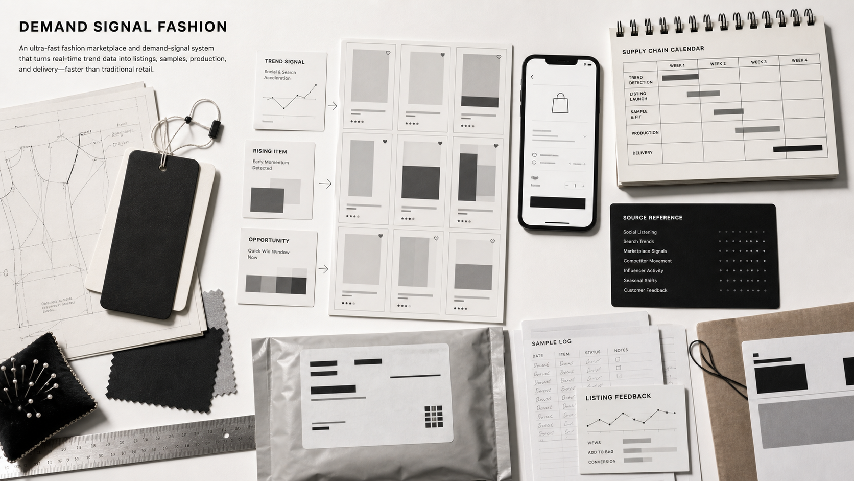 Premium editorial archive still-life of a Shein demand-signal fashion marketplace case with garment pattern paper, clothing tags, marketplace product-card sheets, mobile checkout wireframe, supply-chain calendar, parcel label, and trend-signal cards