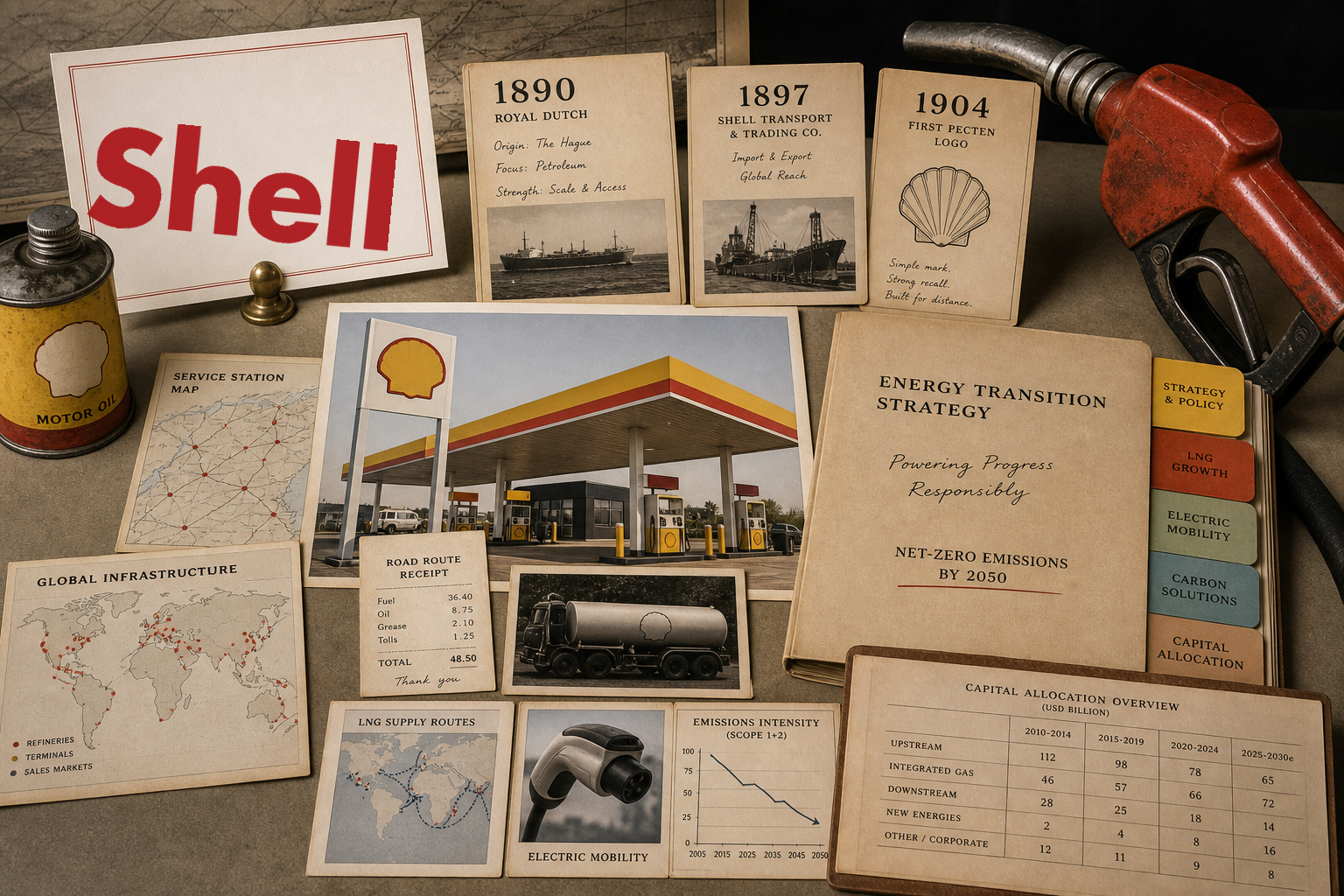 Premium editorial archive still-life of a Shell yellow-red energy transition case with Shell source-mark card, fuel station canopy study, fuel nozzle, road-route receipt, 1890 Royal Dutch origin file, 1897 Shell Transport file, 1904 Pecten note, LNG route card, EV charging plug, emissions ledger, and capital allocation tabs