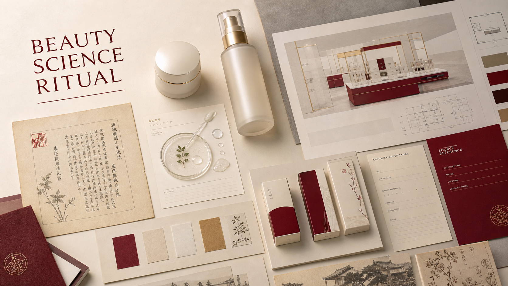 Premium editorial archive still-life of a Shiseido beauty-science ritual case with skincare jar, serum bottle, apothecary-history card, beauty-counter layout sheet, formulation lab card, color swatches, packaging study, consultation card, and red source-reference card