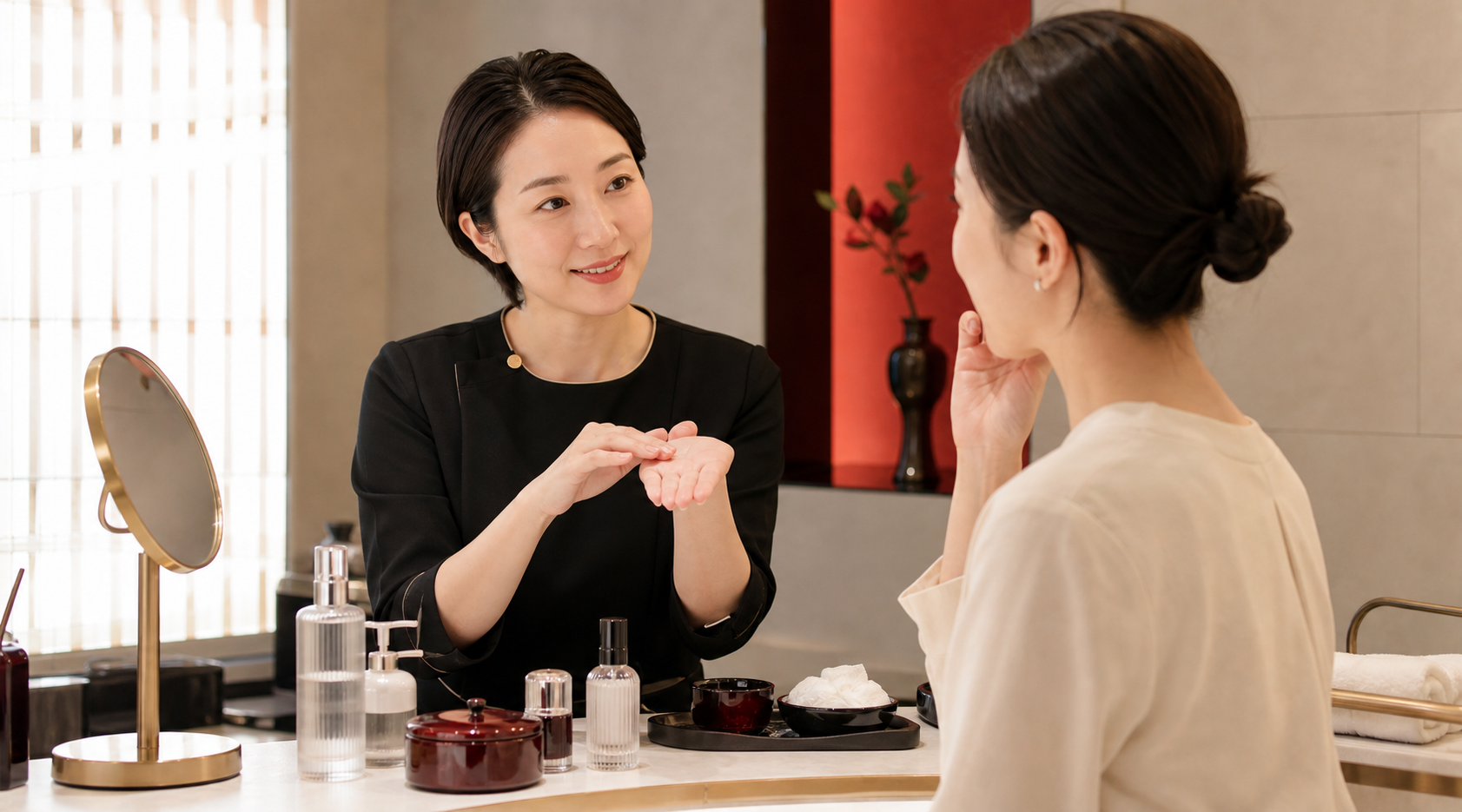 Photorealistic beauty laboratory and consultation scene joining formulation, packaging, and ritual without visible logos.