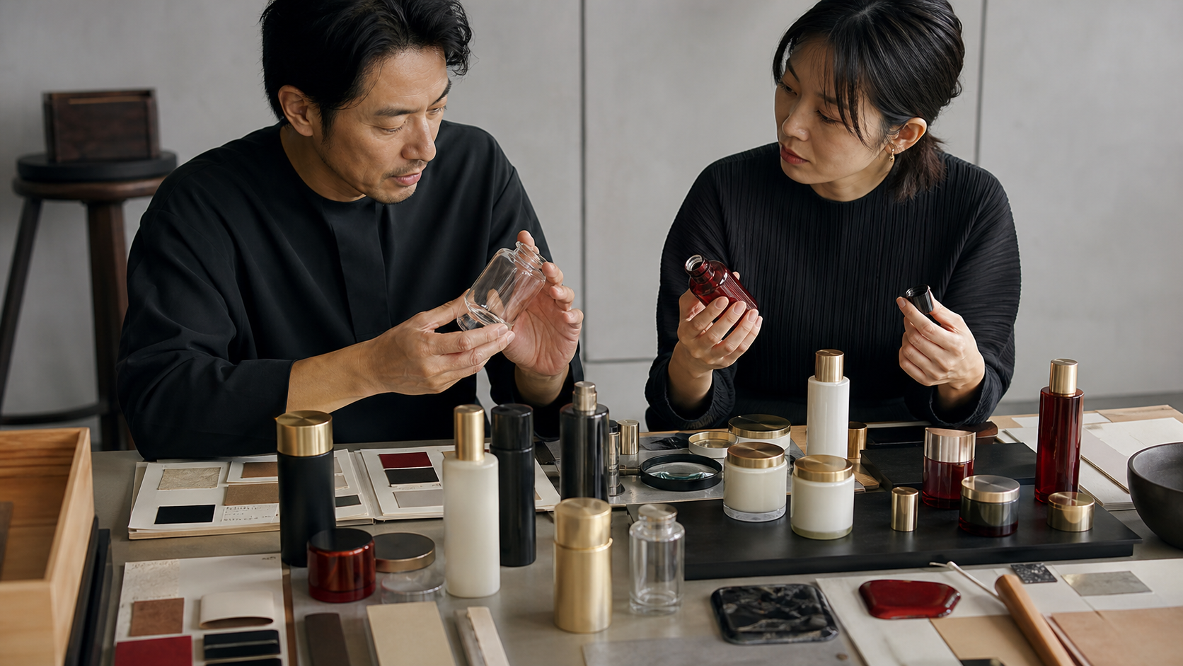 Beauty package designer reviewing understated containers and material samples without branding.