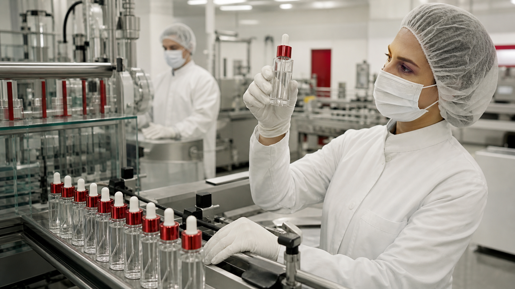 Clean cosmetic production line with quality inspection and unlabeled containers.