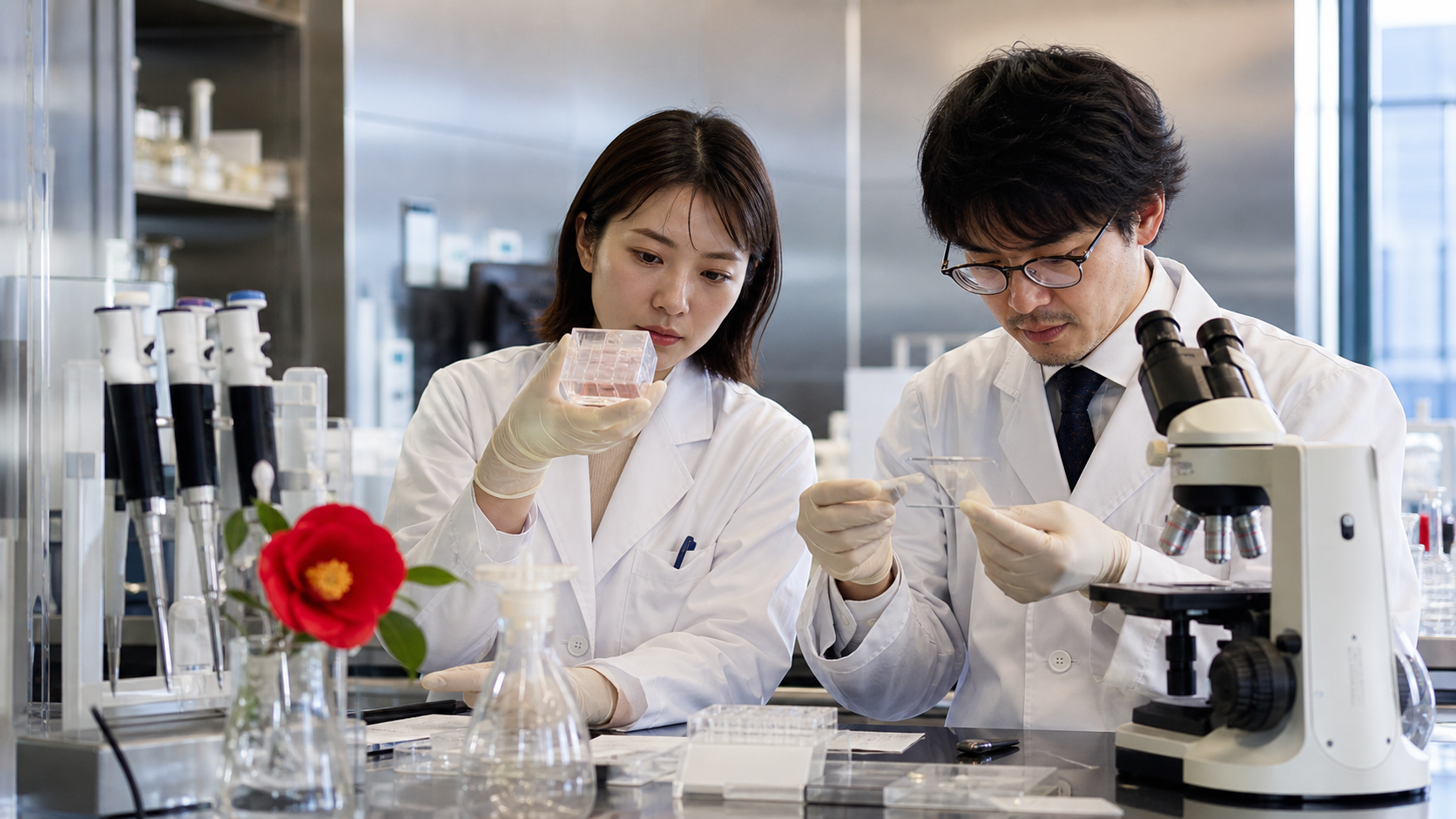 Cosmetic research scientist studying a formulation in a bright laboratory without logos.