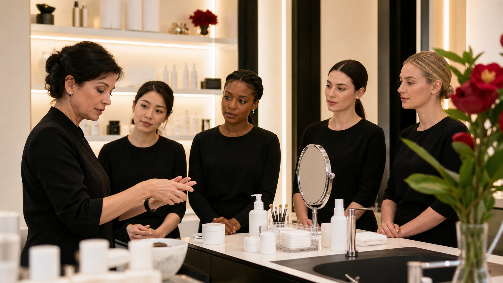 Beauty consultant training session focused on product use and service ritual without logos.
