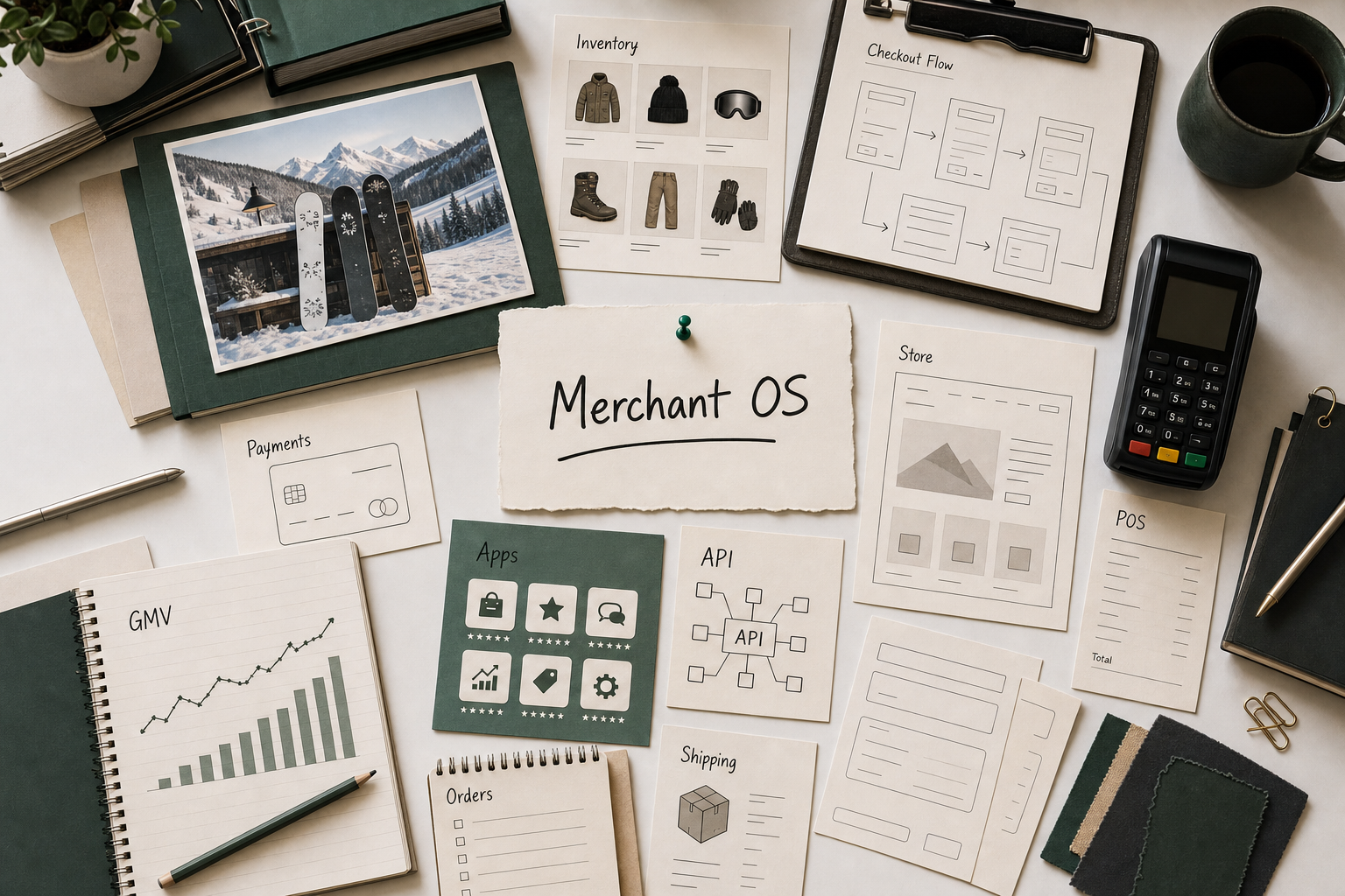 Premium editorial archive still-life of a Shopify merchant operating-system case with generic snowboard-store origin card, inventory sheets, payment terminal silhouette, checkout flow, POS receipt, app cards, API diagram, GMV ledger, order list, and blank shipping forms