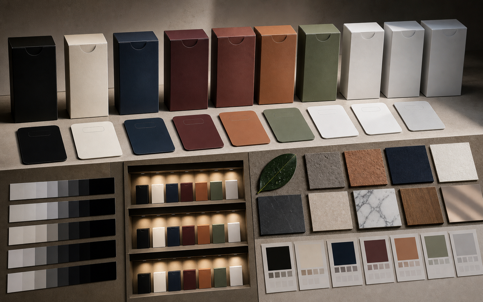 Brand color change proof visual with identical packages, app cards, contrast boards, shelf lighting tests, and material chips in different palettes.