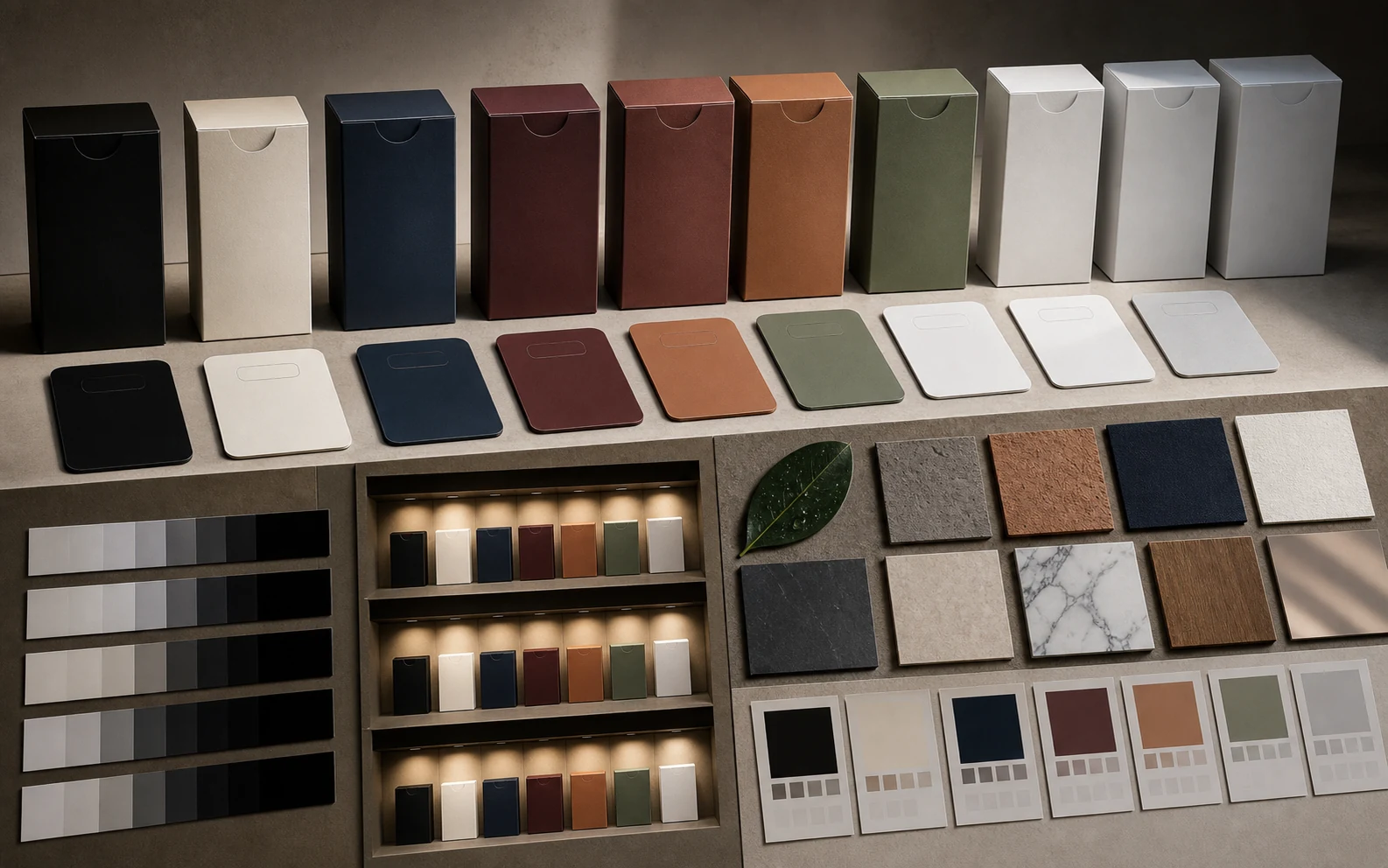 Brand color change proof visual with identical packages, app cards, contrast boards, shelf lighting tests, and material chips in different palettes.