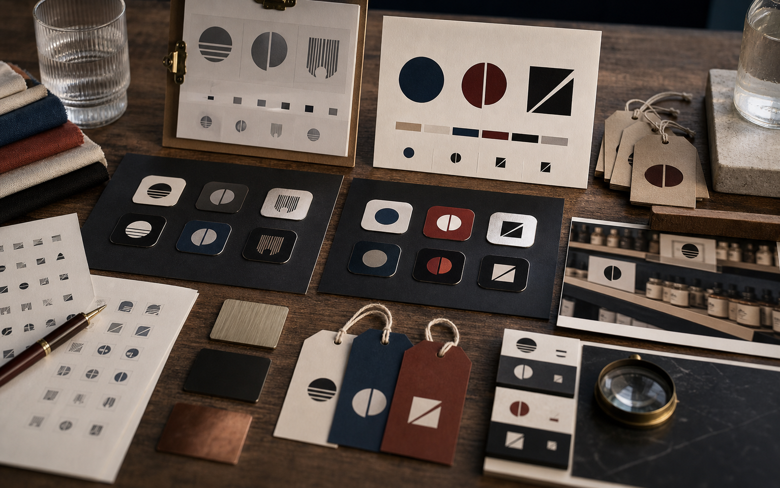 Logo change decision visual with abstract mark systems tested on cards, app tiles, product tags, and shelf surfaces.