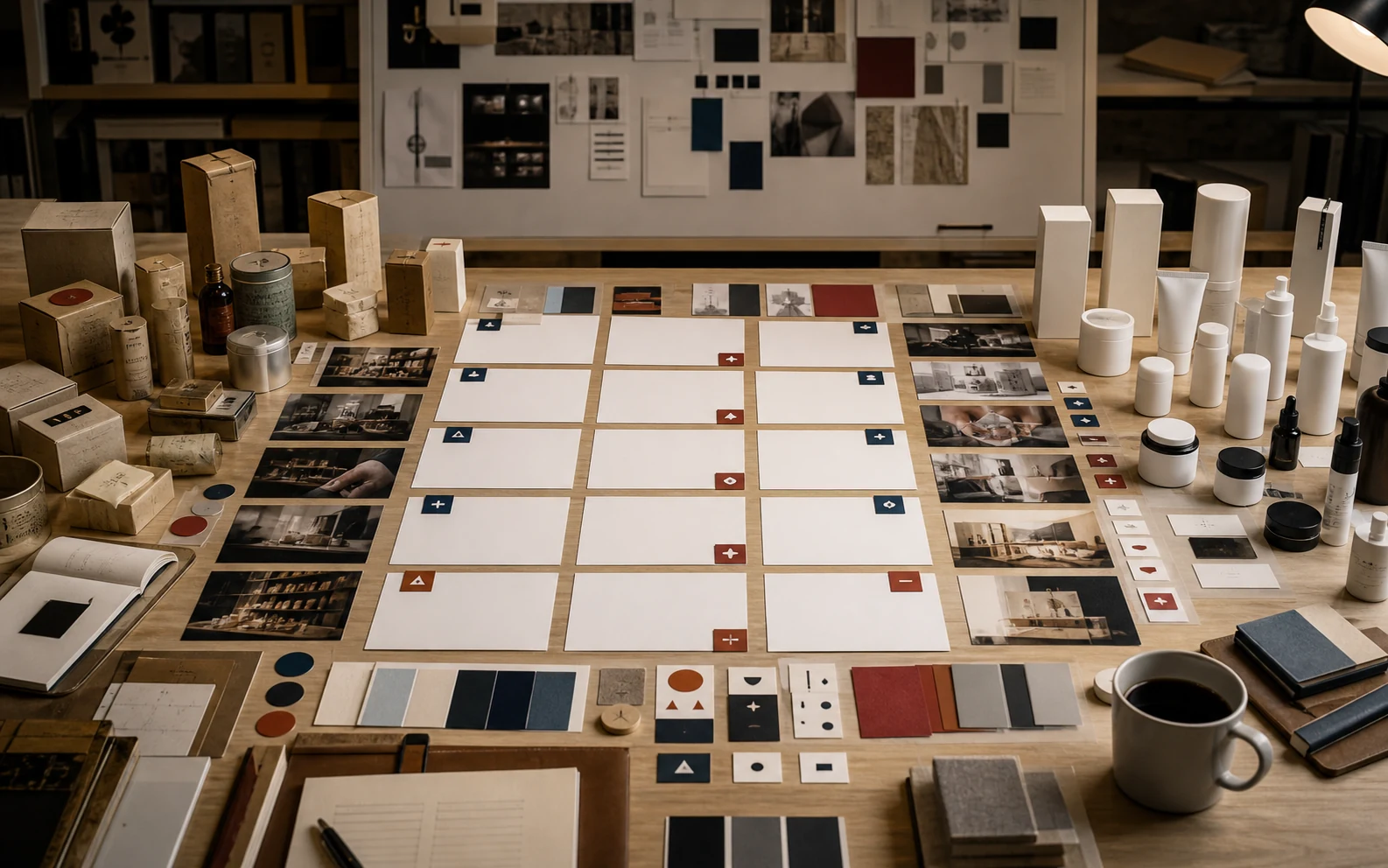 Rebrand decision board with old and new package systems, blank evidence cards, touchpoint photos, and color samples.
