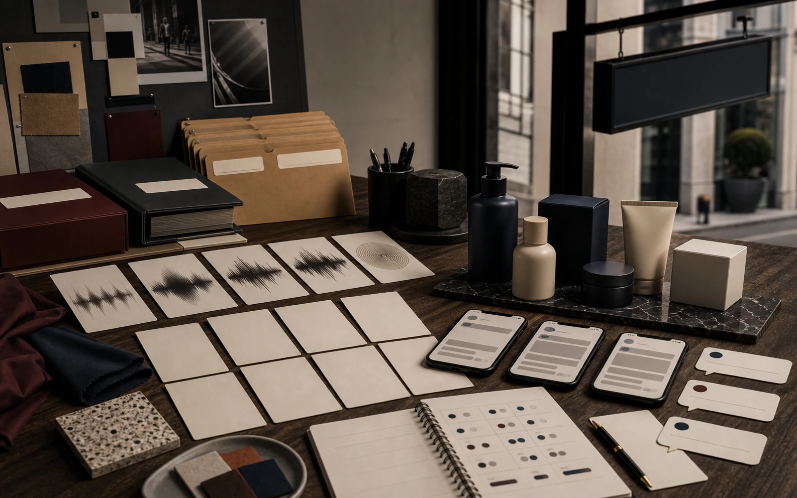 Company rename decision visual with blank name cards, folders, storefront sign frame, search cards, and package silhouettes.