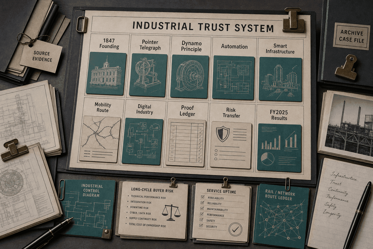 Premium editorial archive still-life of a Siemens industrial trust system with 1847 founding file, pointer telegraph card, dynamo note, automation diagram, smart infrastructure card, mobility route ledger, digital industry file, proof ledger, and risk transfer checklist