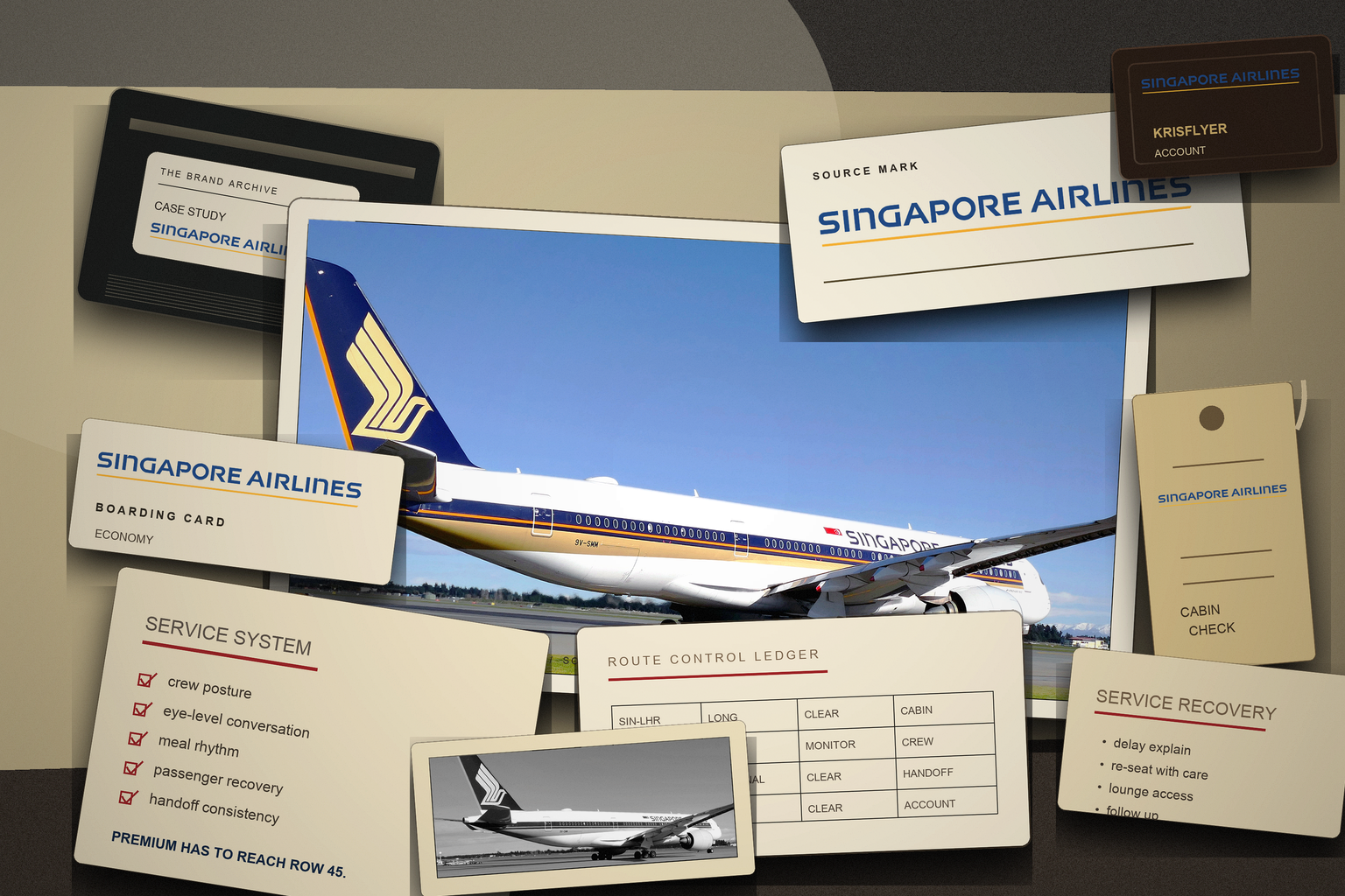 Premium editorial archive still-life for the Singapore Airlines case, built around a real Singapore Airlines Airbus A350-900 photograph with real Singapore Airlines logo marks, boarding card, service system sheet, route ledger, KrisFlyer card, and cabin tag