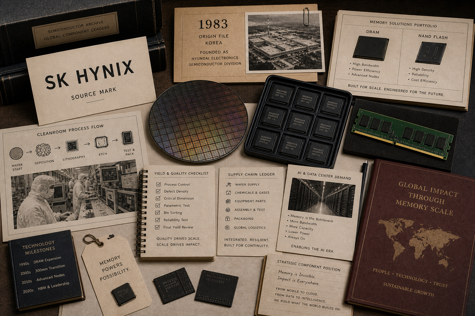 Premium editorial archive still-life of an SK hynix memory chip case with source-mark card, wafer slice, memory module tray, component labels, cleanroom checklist, supply-chain cards, and AI server rack diagram