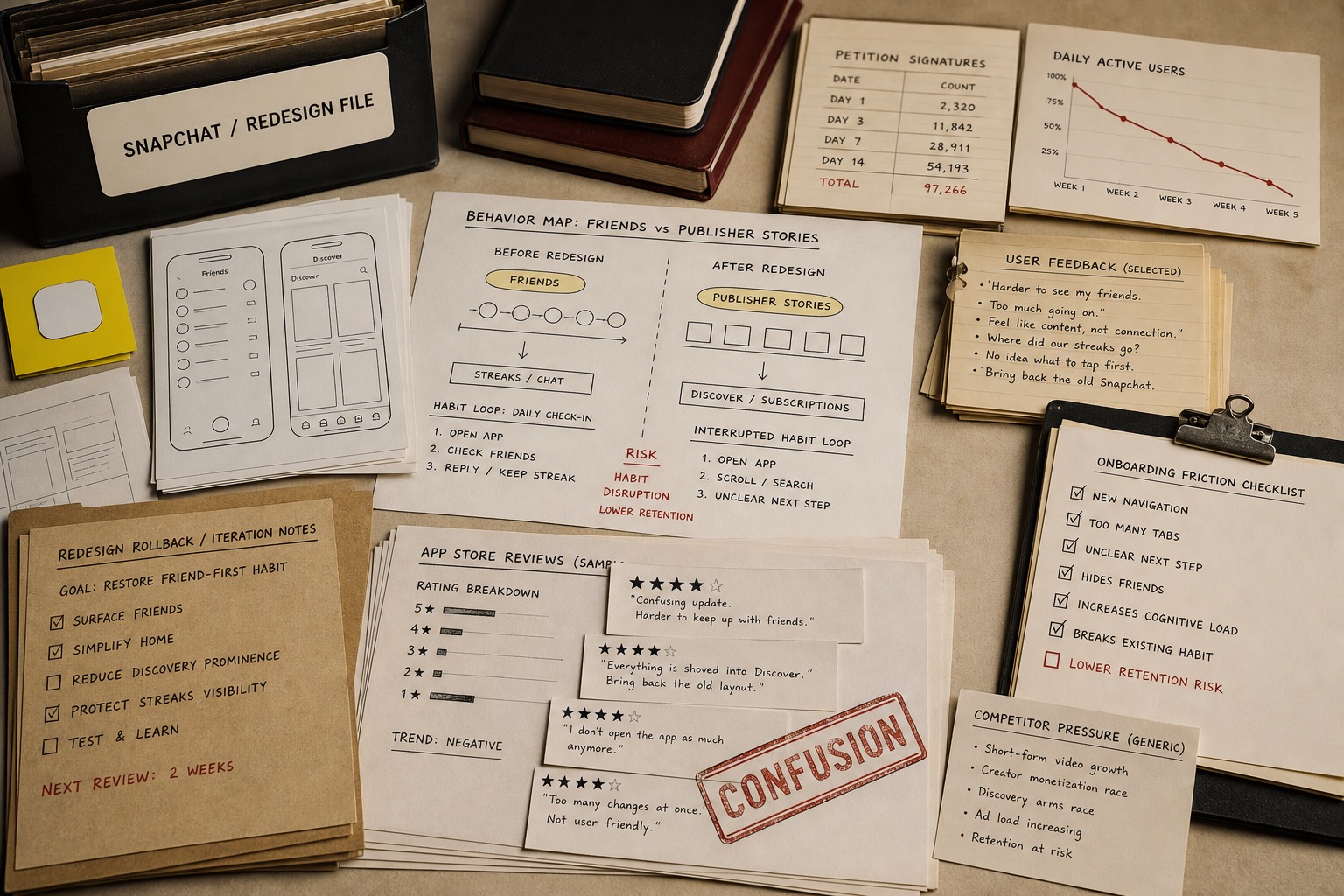 Premium editorial archive still-life of a Snapchat 2018 redesign backlash case with source-mark card, yellow app tile, phone wireframes, friends-versus-stories behavior map, petition ledger, user feedback slips, confusion stamp, and app-store review dossier