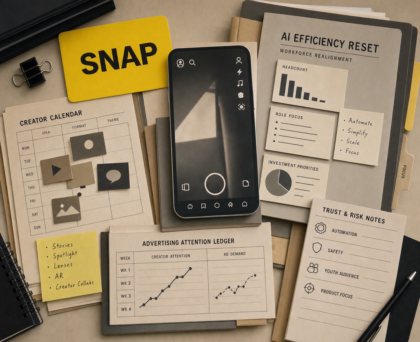 Premium editorial archive still-life of a Snap AI efficiency reset case with yellow Snap source-mark card, central abstract smartphone camera-social interface, creator calendar, advertising attention ledger, AI efficiency reset folder, role-focus cards, and trust-risk notes for automation, safety, youth audience, and product focus