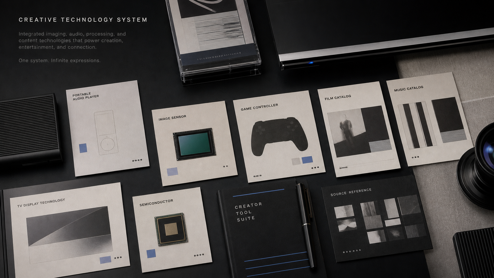 Premium editorial archive still-life of a Sony creative-technology system case with portable audio card, image sensor card, game controller silhouette, film catalog card, music catalog card, display panel, semiconductor chip, and creator tool notebook