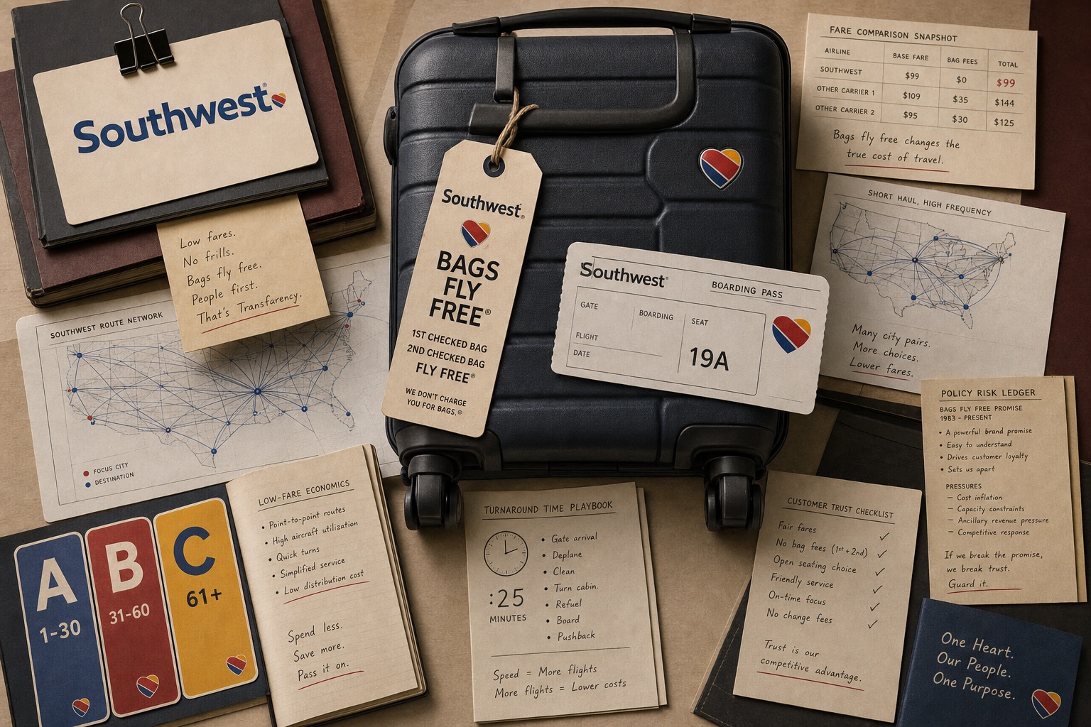 Premium editorial archive still-life of a Southwest Airlines bags-fly-free promise case with a Southwest source-mark card, central suitcase, bag tag, generic boarding pass, route map, boarding group cards, fare comparison, low-fare economics notes, turnaround playbook, policy risk ledger, and customer trust checklist