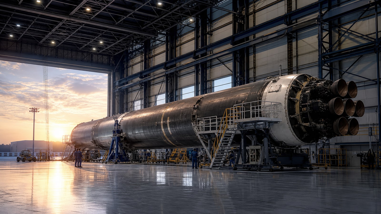 Photorealistic reusable orbital booster inside a maintenance and integration hangar at dawn without visible logos or text.