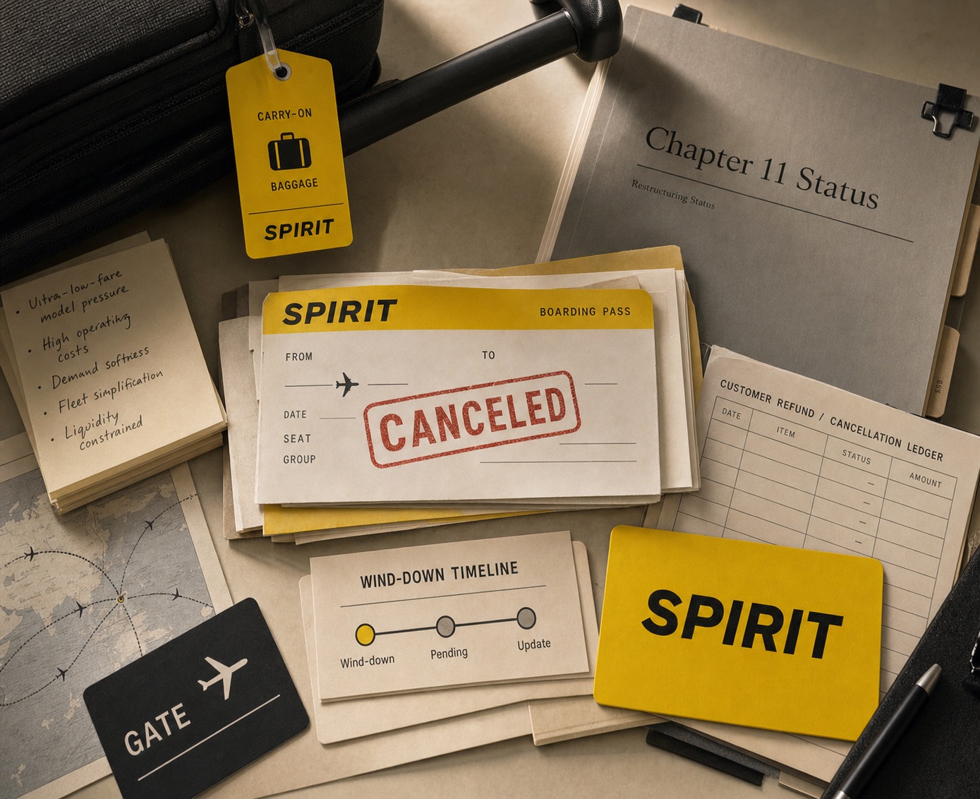 Premium editorial archive still-life of a Spirit Airlines wind-down case with Spirit yellow source-mark cards, cancelled boarding pass, carry-on baggage tag, route map, Chapter 11 status folder, customer refund ledger, and wind-down timeline marked pending update