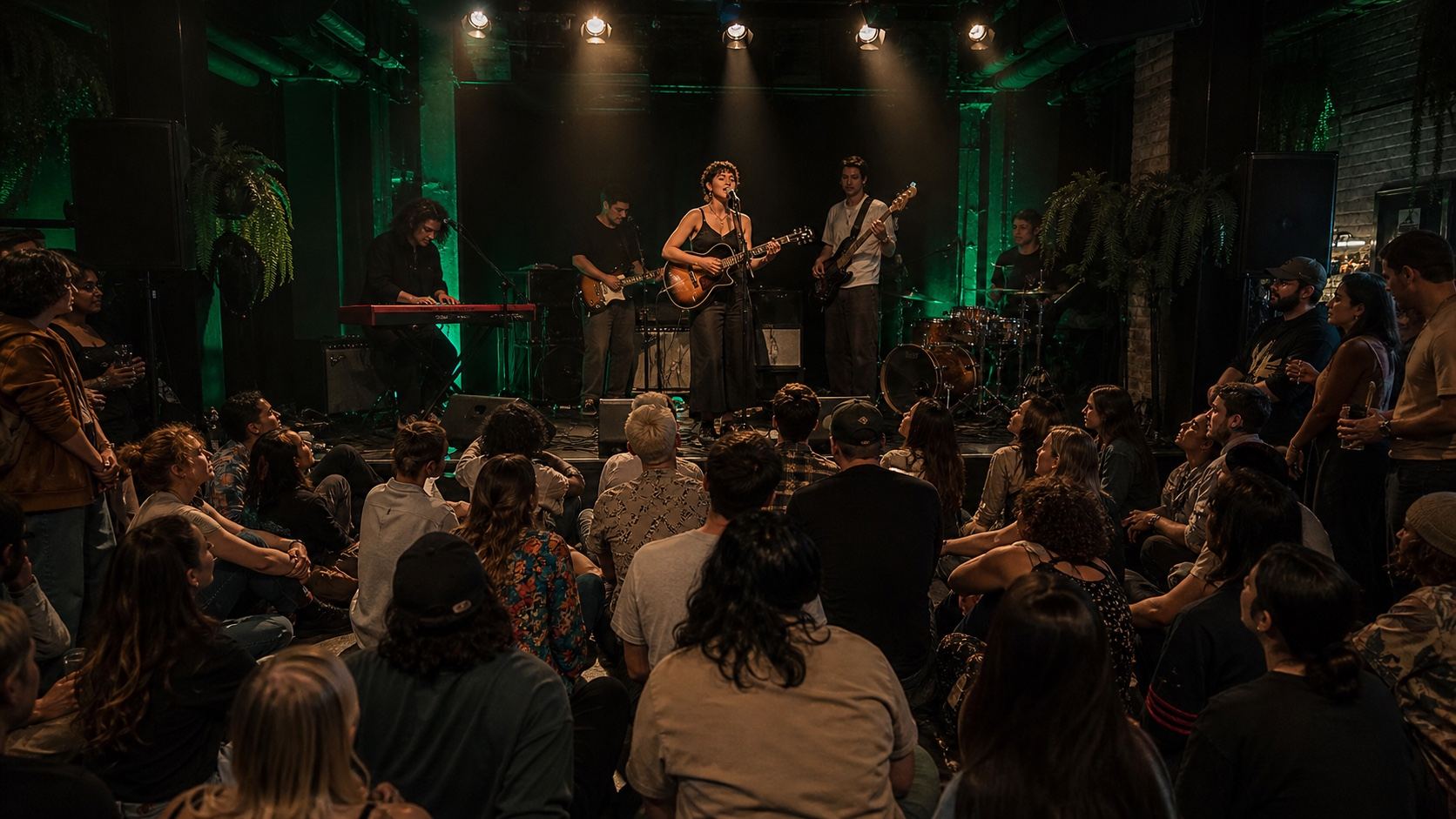Audience discovering a live emerging artist in a small venue lit with green and amber stage light, without text, screens, or logos.