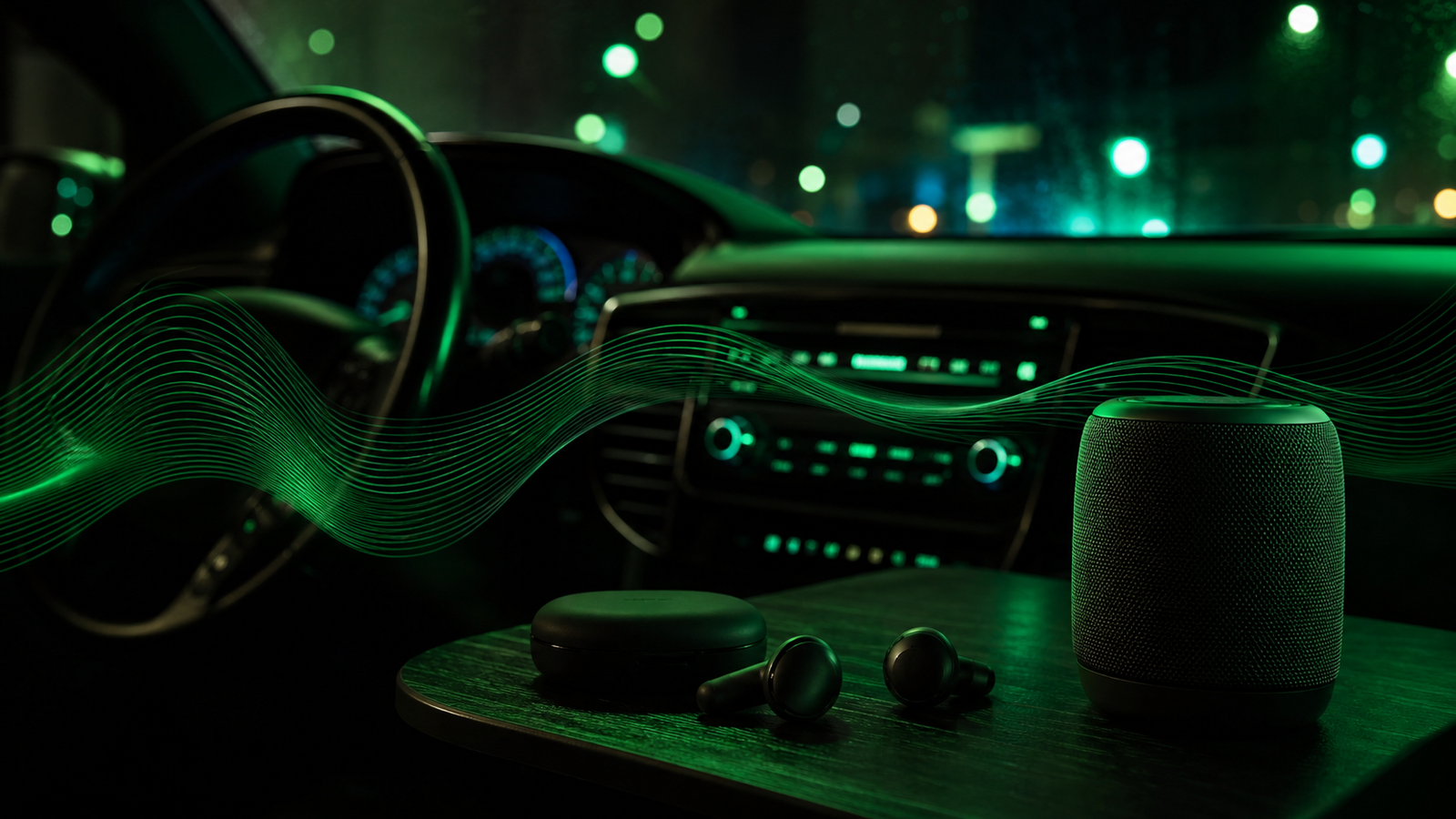 Premium Spotify-style car and home listening scene with green-black audio ambience and no readable text.