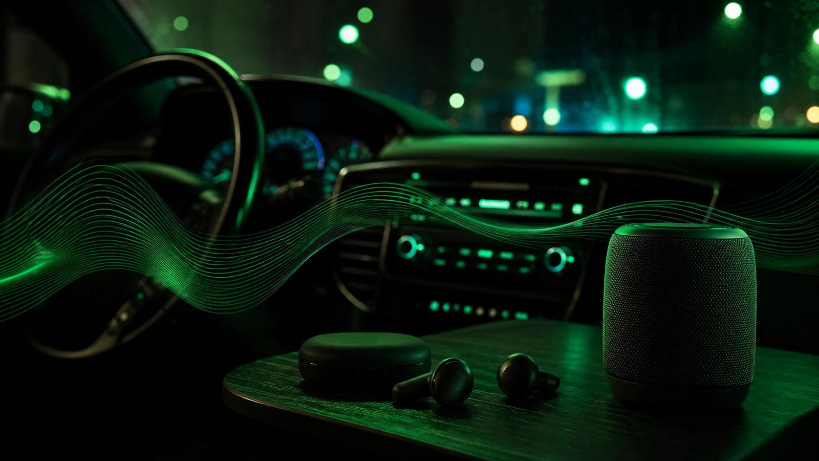 Premium Spotify-style car and home listening scene with green-black audio ambience and no readable text.