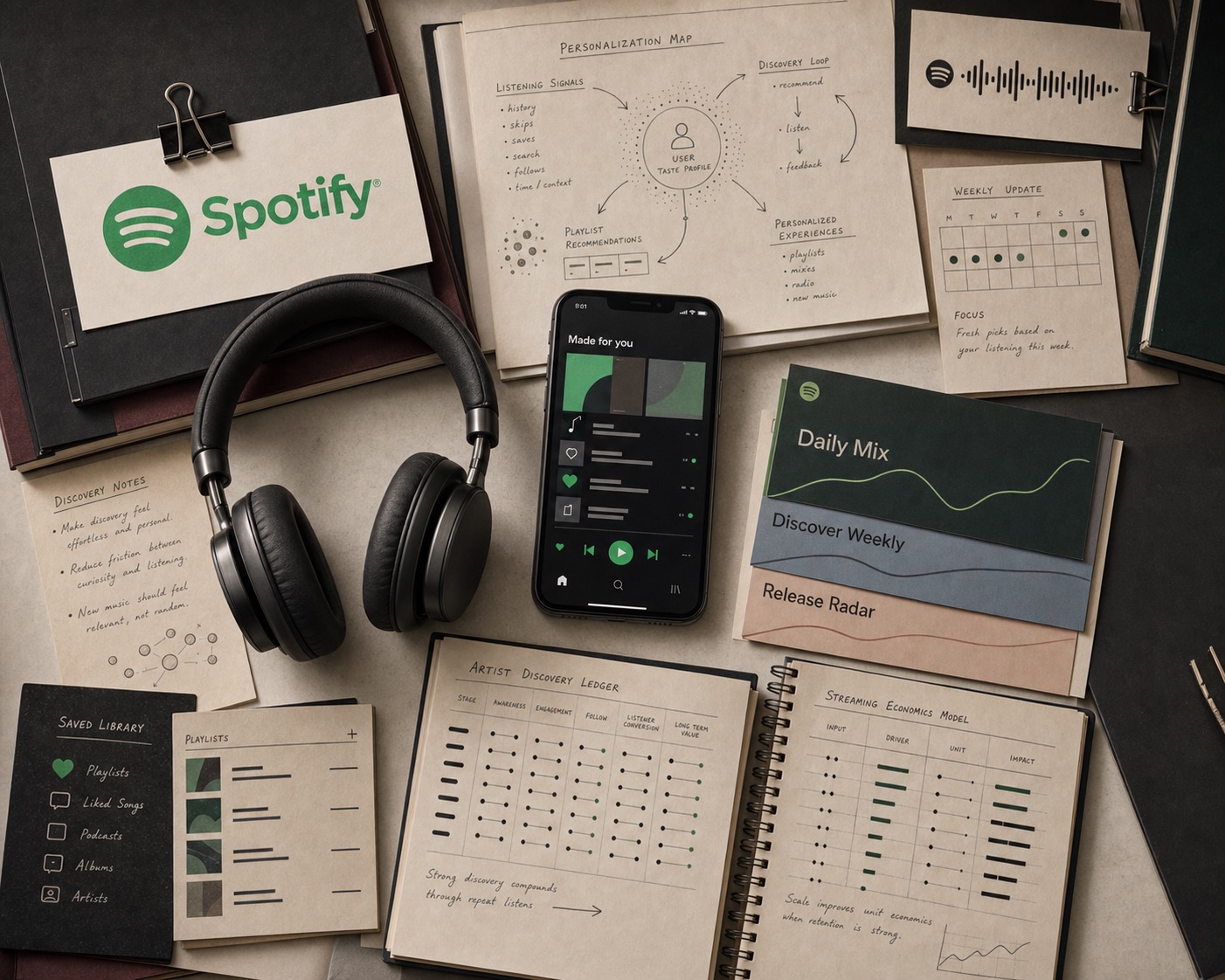 Premium editorial archive still-life of a Spotify playlist personalization case with a Spotify source-mark card, central smartphone audio player, headphones, playlist cards, personalization map, waveform card, weekly update calendar, artist discovery ledger, and streaming economics sheet