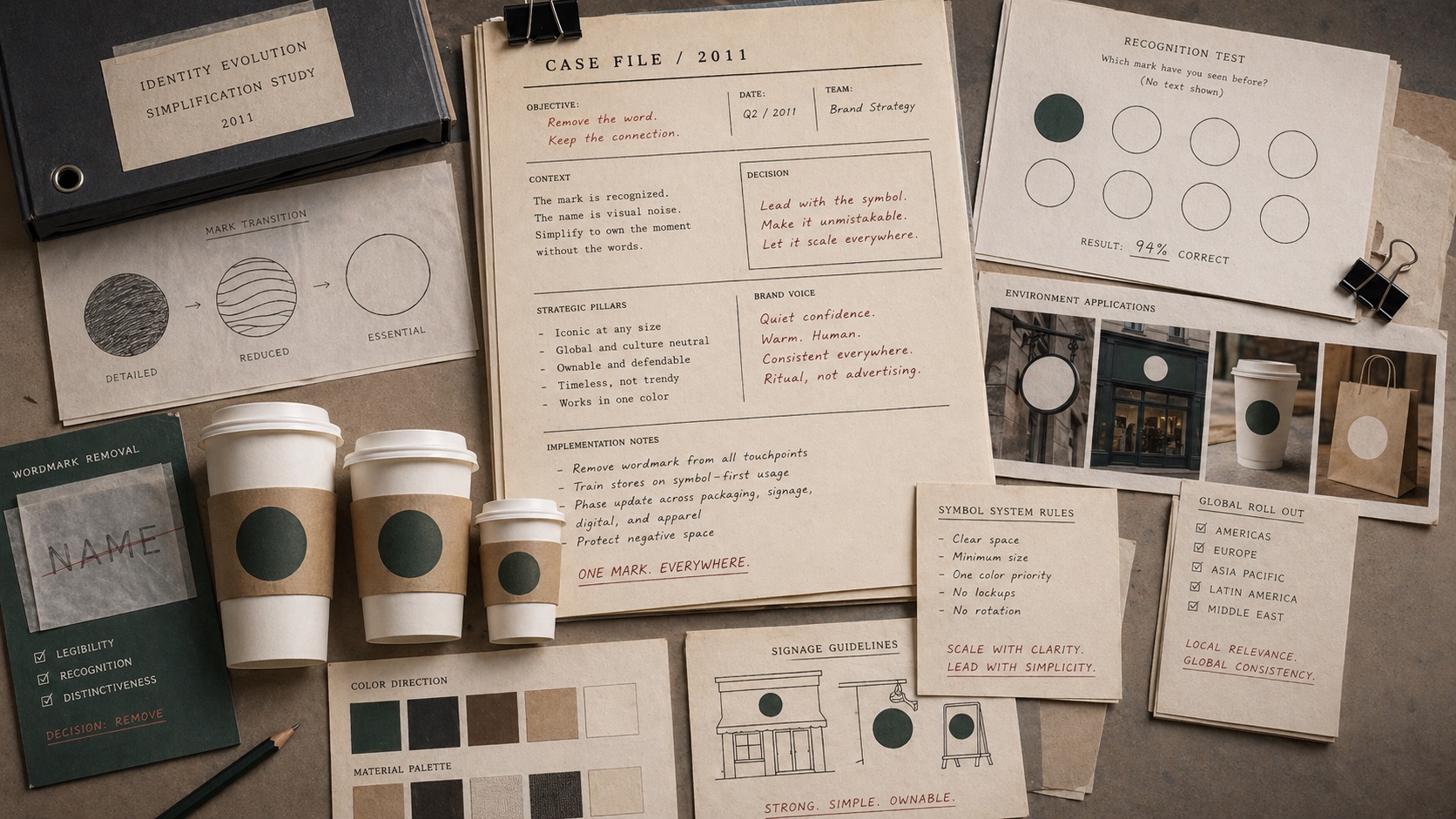 Premium editorial archive still-life of blank circular symbol cards, coffee cup silhouettes, and wordless recognition tests