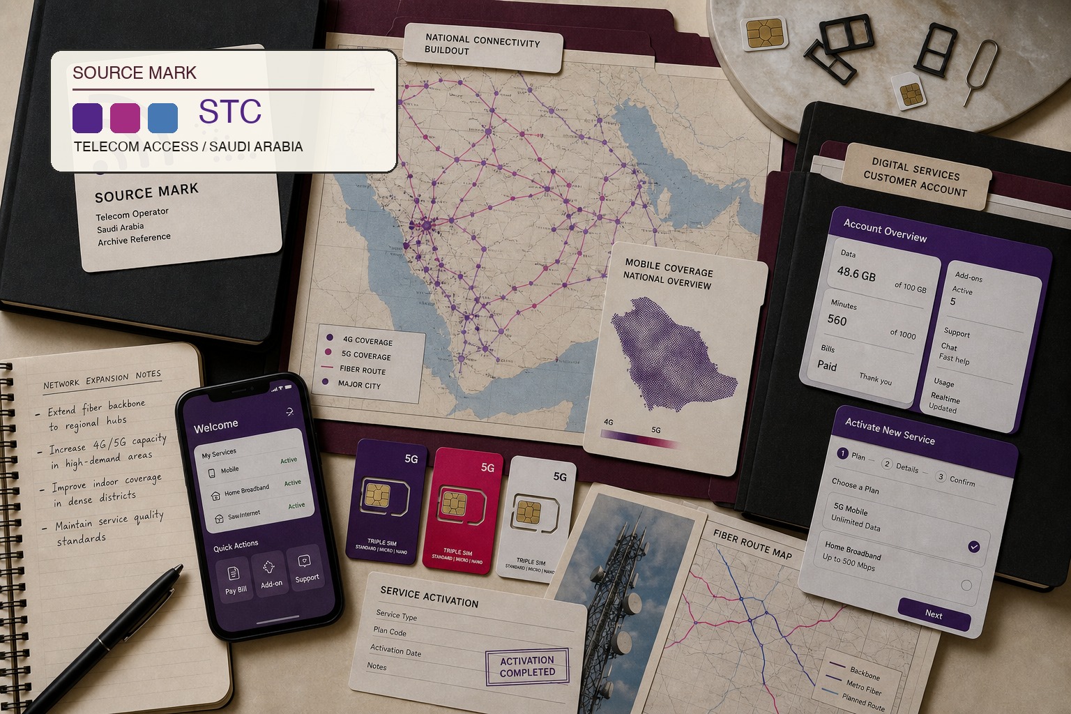 Premium editorial archive still-life of an STC telecom access case with source-mark card, Saudi coverage map, SIM cards, phone account screen, fiber route map, service activation card, 5G plan cards, and network expansion notes